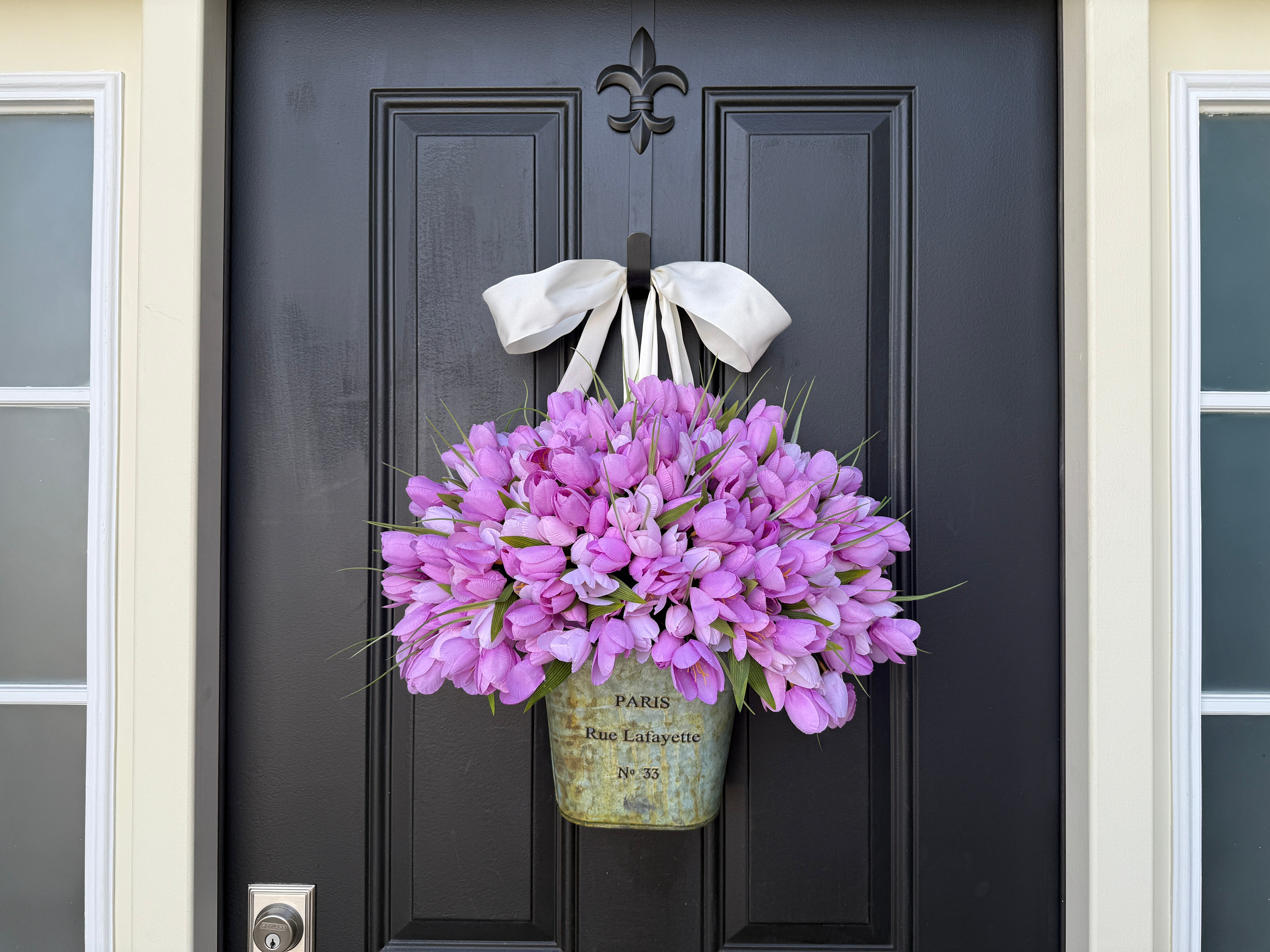 Lavender Tulips Bucket Wreath - Front Door Bucket of Tulips for Spring