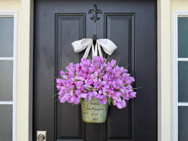 Lavender Tulips Bucket Wreath - Front Door Bucket of Tulips for Spring - TwoInspireYou