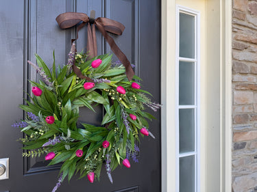 Pink Tulip Wreath - Natural Touch Fuchsia Tulip Wreath for Front Door - TwoInspireYou