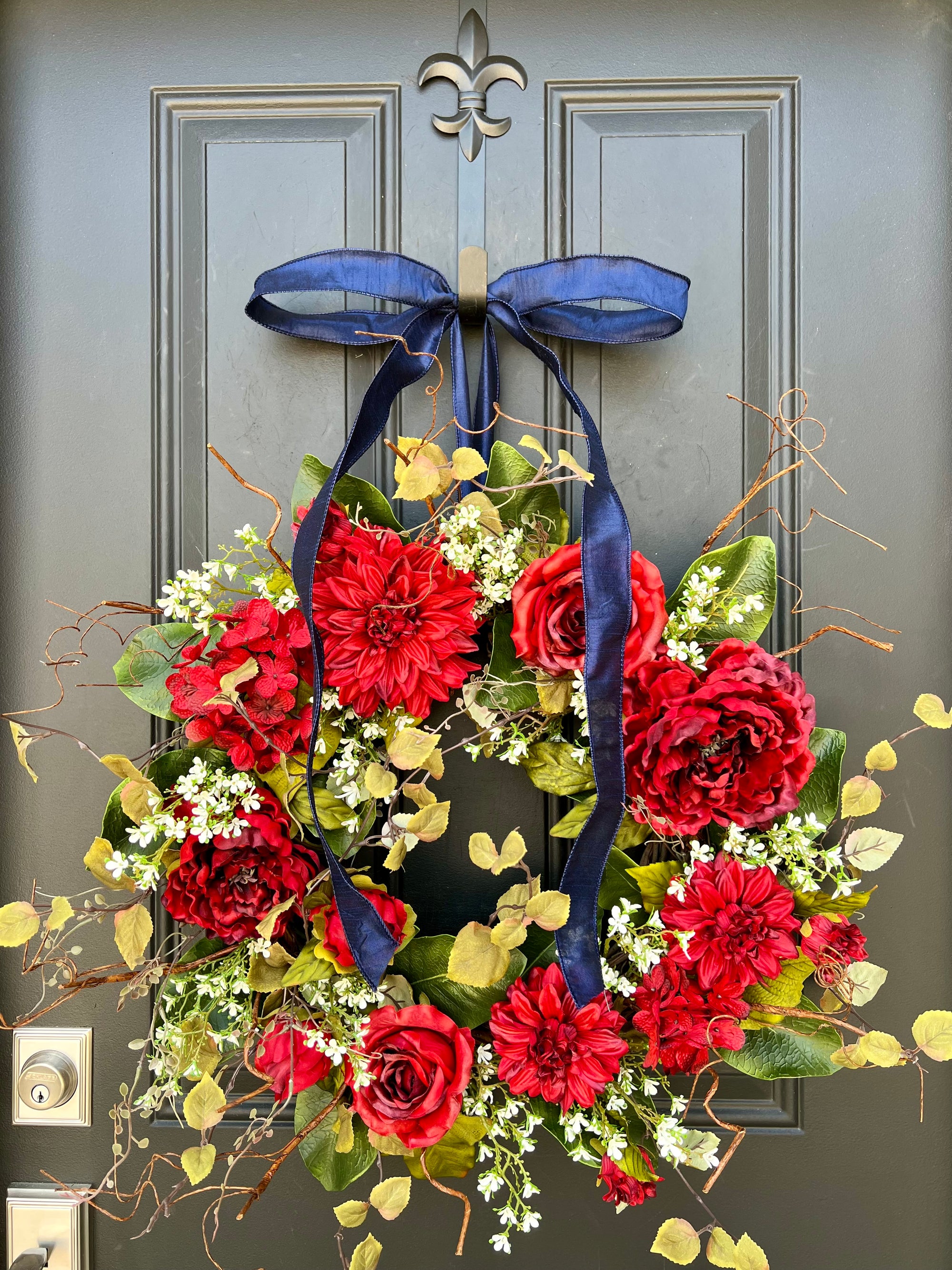 Summer Red Floral Wreath, Fourth of July Red Holiday Wreaths