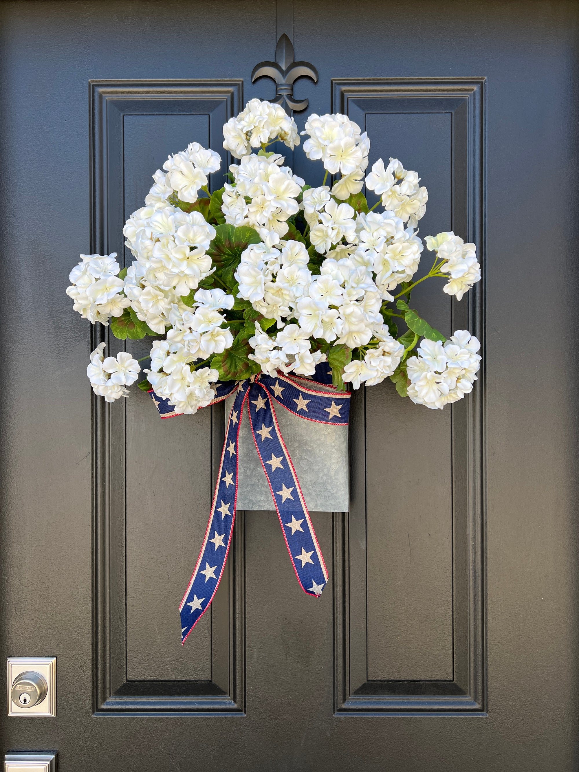 Patriotic White Geranium Door Bucket