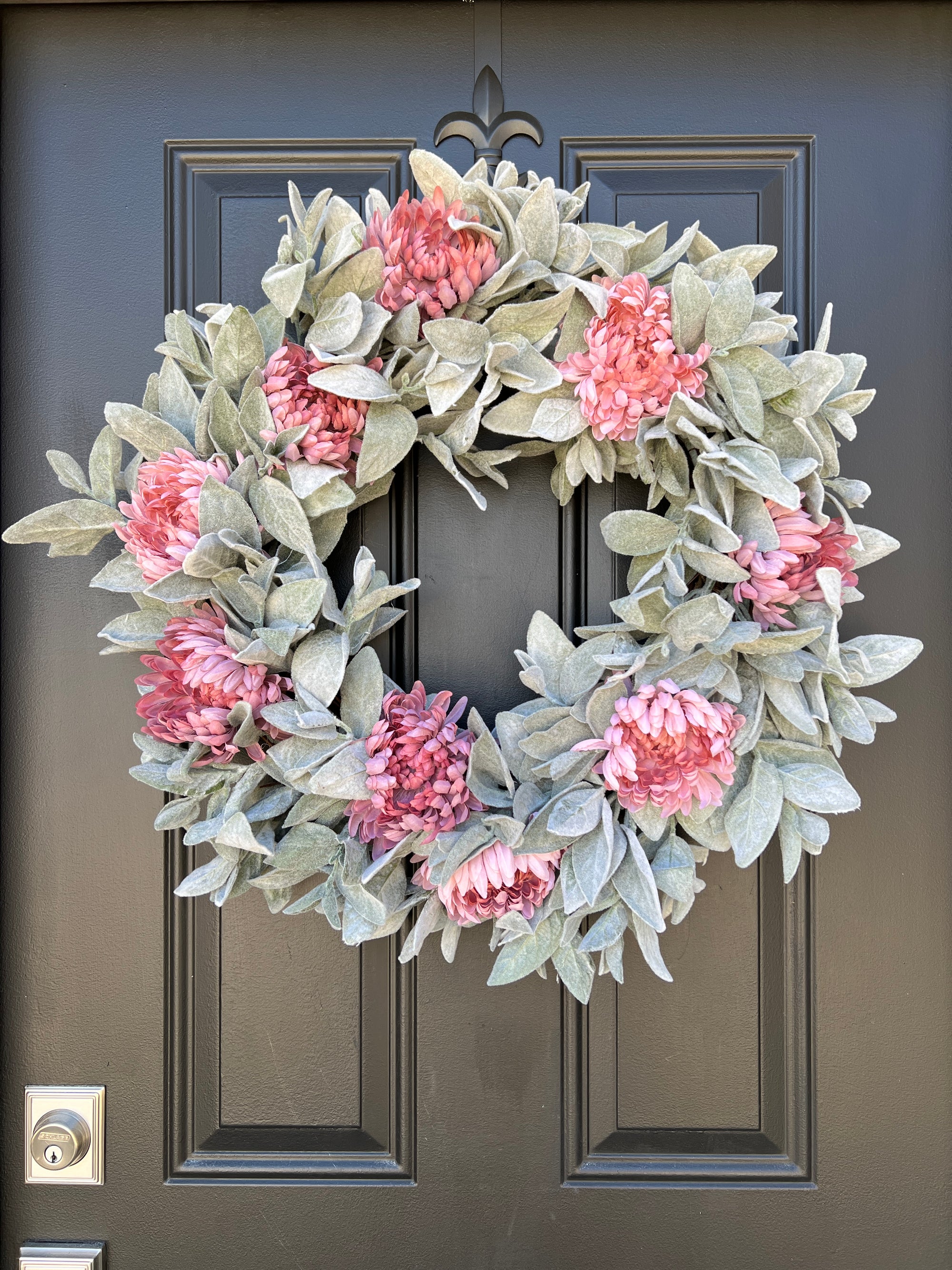 Pink Fall Mum and Lamb's Ear Wreath, Fall Front Door Wreaths