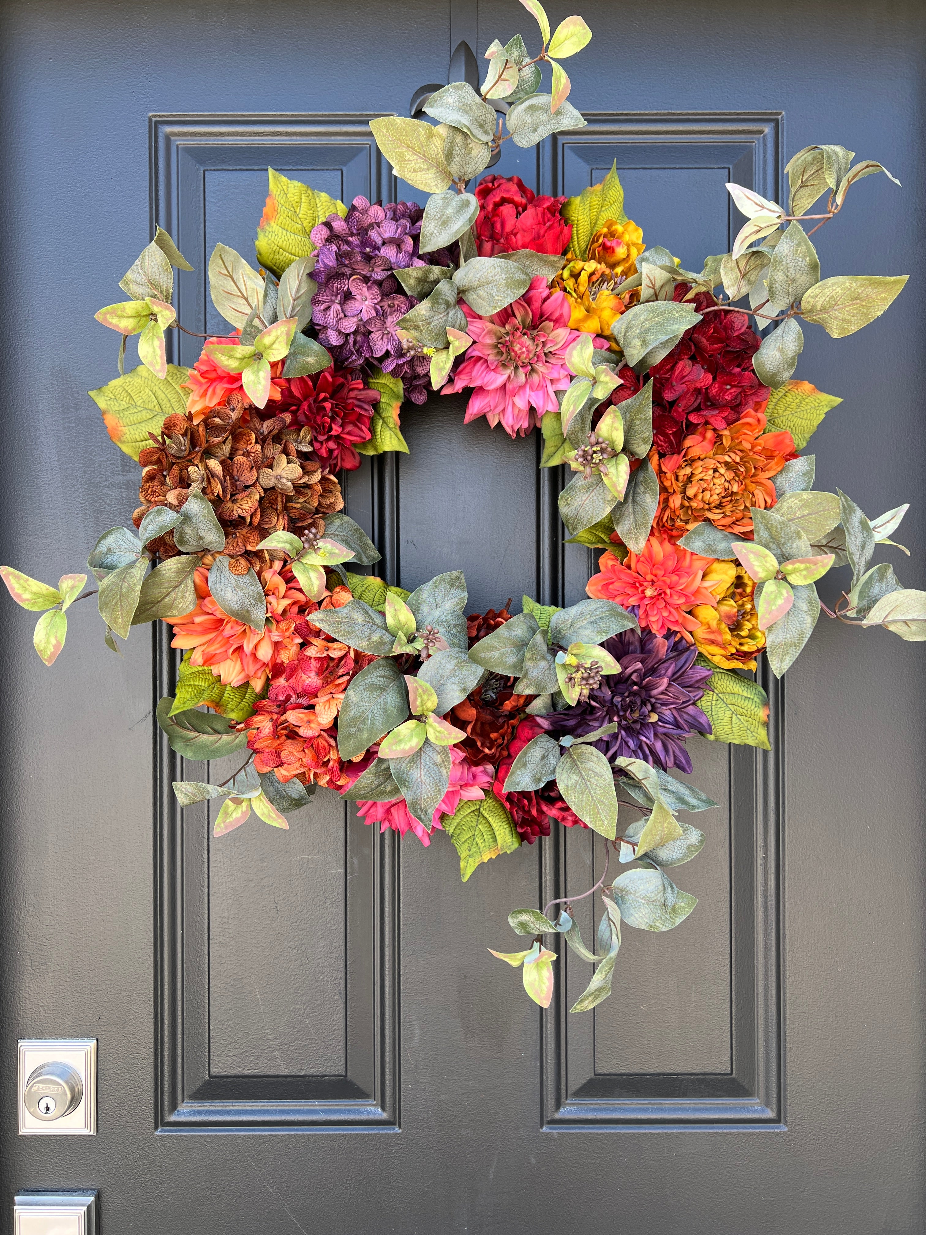 Vibrant Fall Front Door Wreath with Florals and Eucalyptus