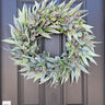 Eucalyptus and Bay Leaf Cottage Door Wreath with Purple Flowers - TwoInspireYou