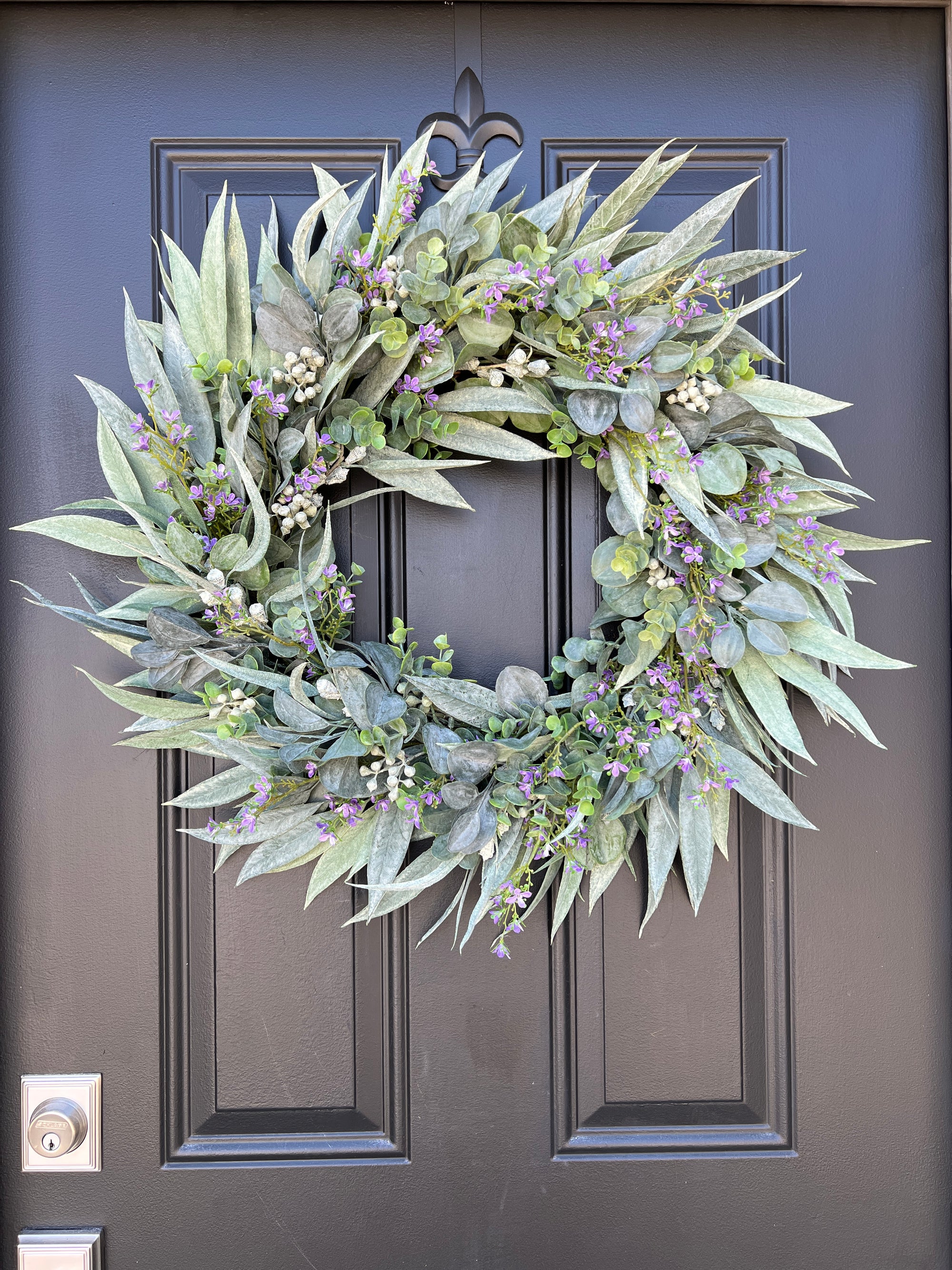 Eucalyptus and Bay Leaf Cottage Door Wreath with Purple Flowers