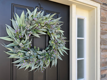 Eucalyptus and Bay Leaf Cottage Door Wreath with Purple Flowers - TwoInspireYou