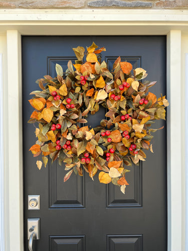 Fall Front Door Wreath with Fall Foliage and Orange Pods - TwoInspireYou