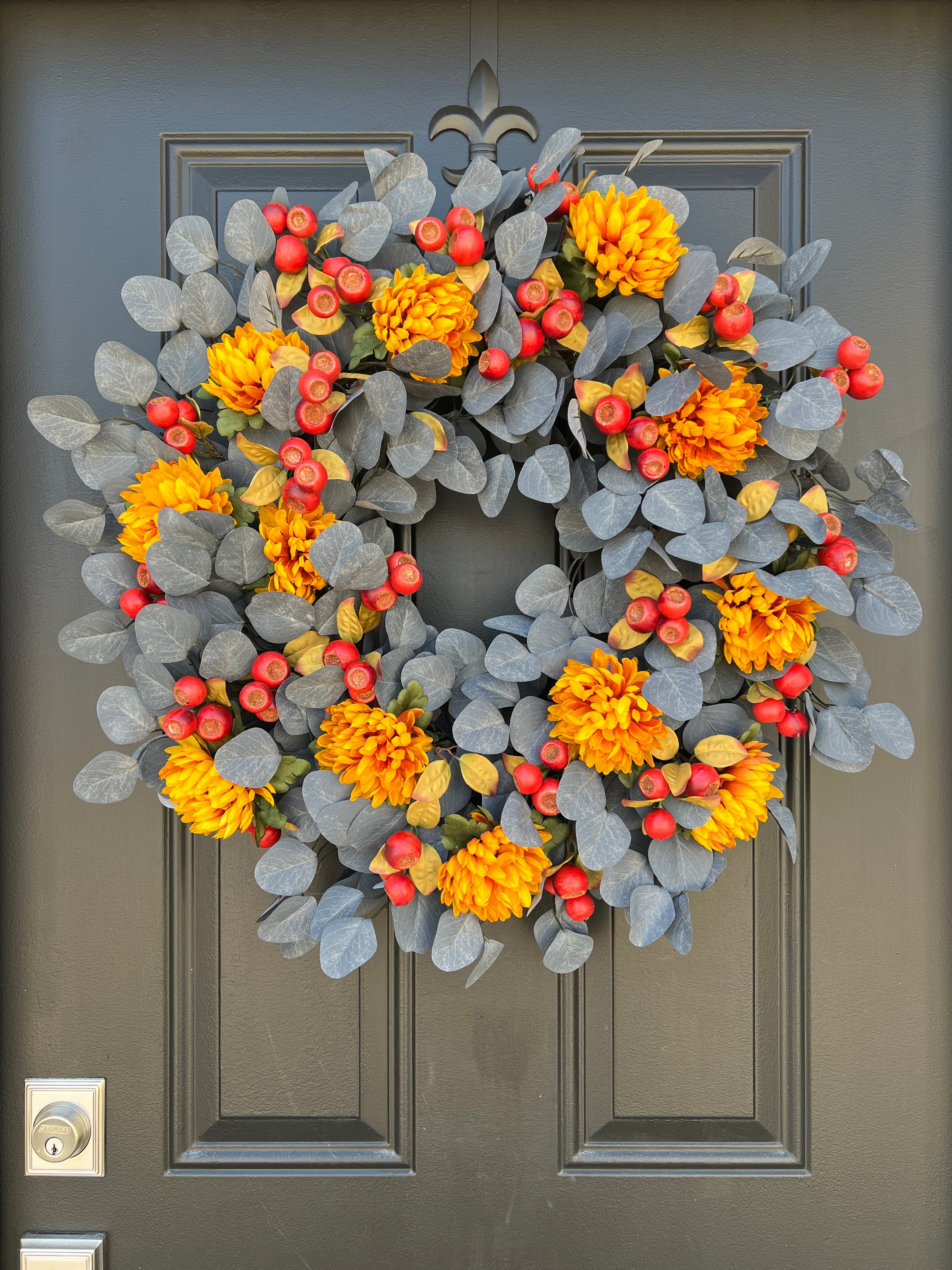 Blue Eucalyptus Fall Wreath with Golden Mums and Orange Pods