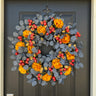 Blue Eucalyptus Fall Wreath with Golden Mums and Orange Pods - TwoInspireYou