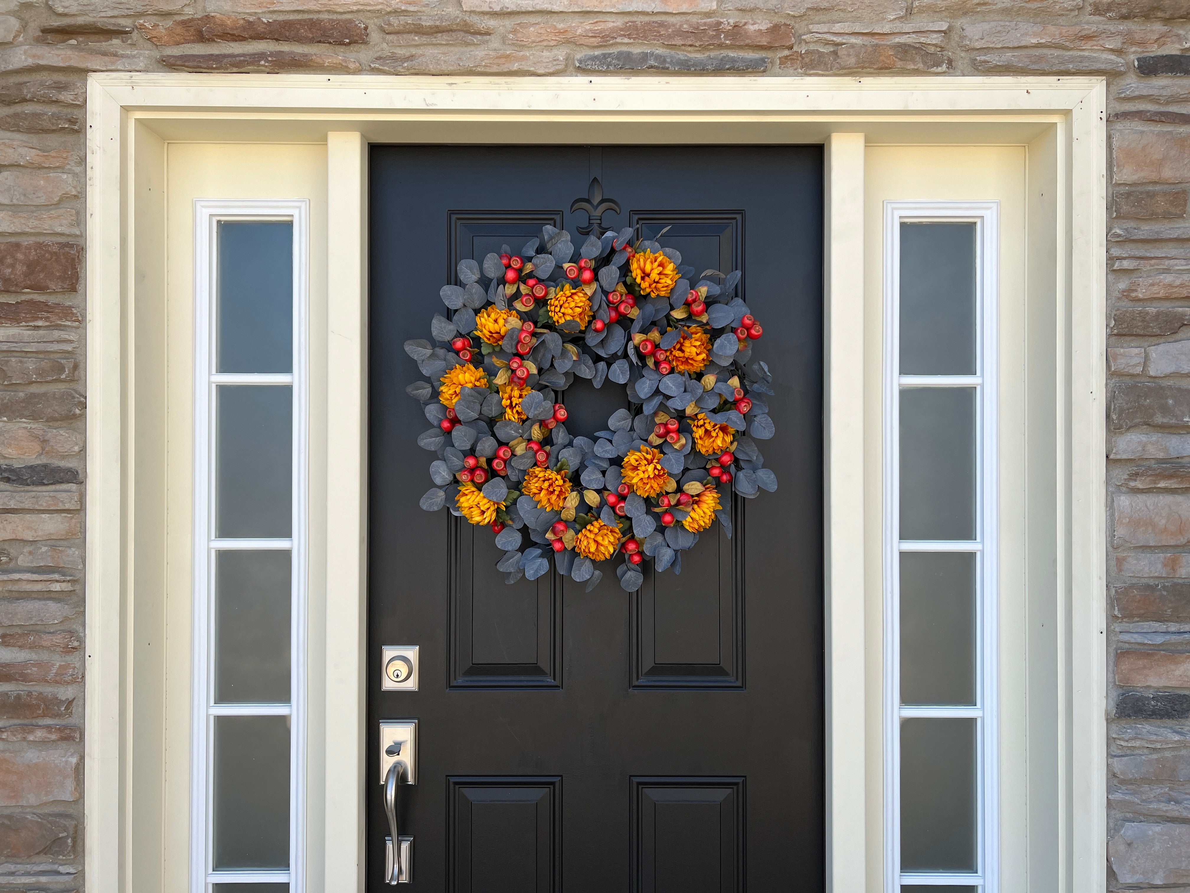 Blue Eucalyptus Fall Wreath with Golden Mums and Orange Pods