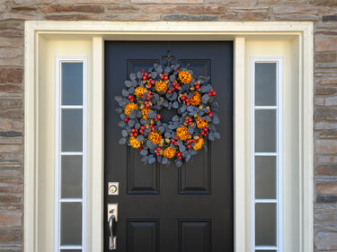 Blue Eucalyptus Fall Wreath with Golden Mums and Orange Pods - TwoInspireYou
