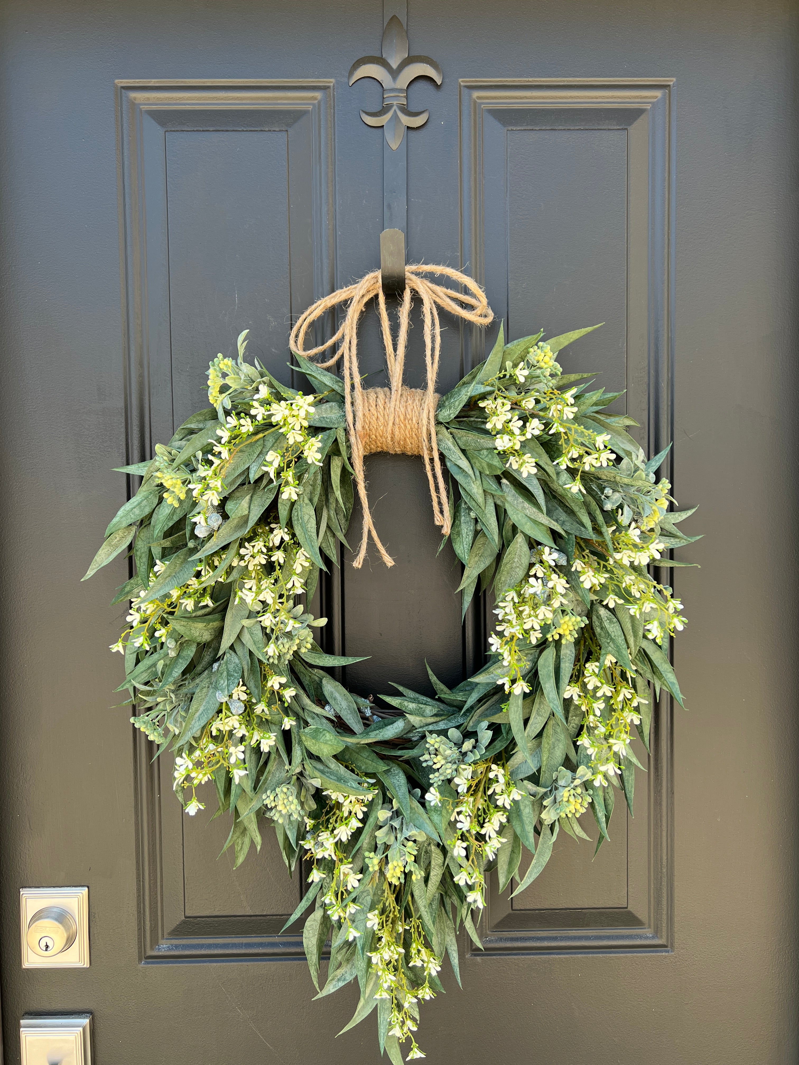 Spring Farmhouse Wreath with Bayleaf and White Flowers