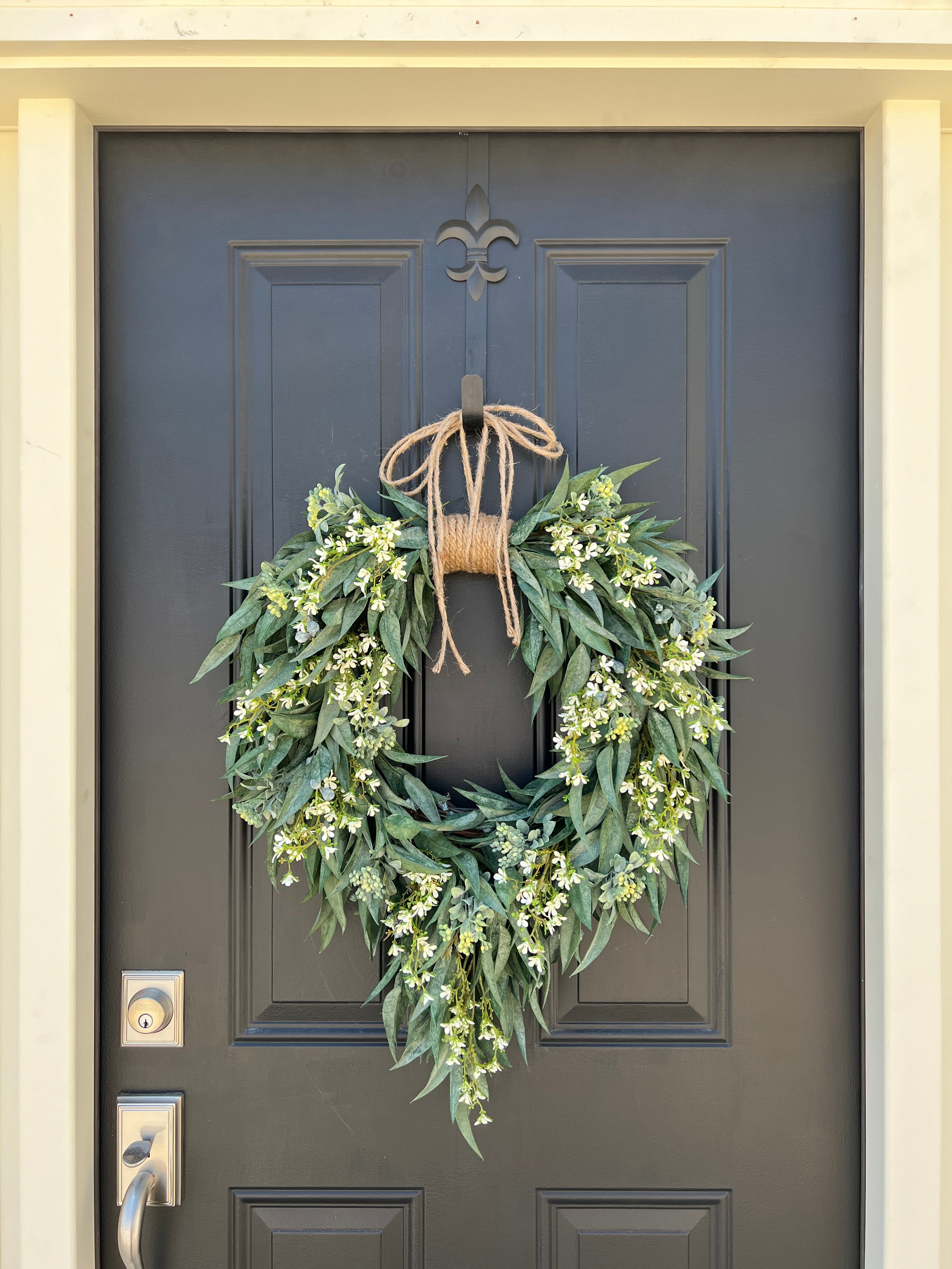 Spring Farmhouse Wreath with Bayleaf and White Flowers