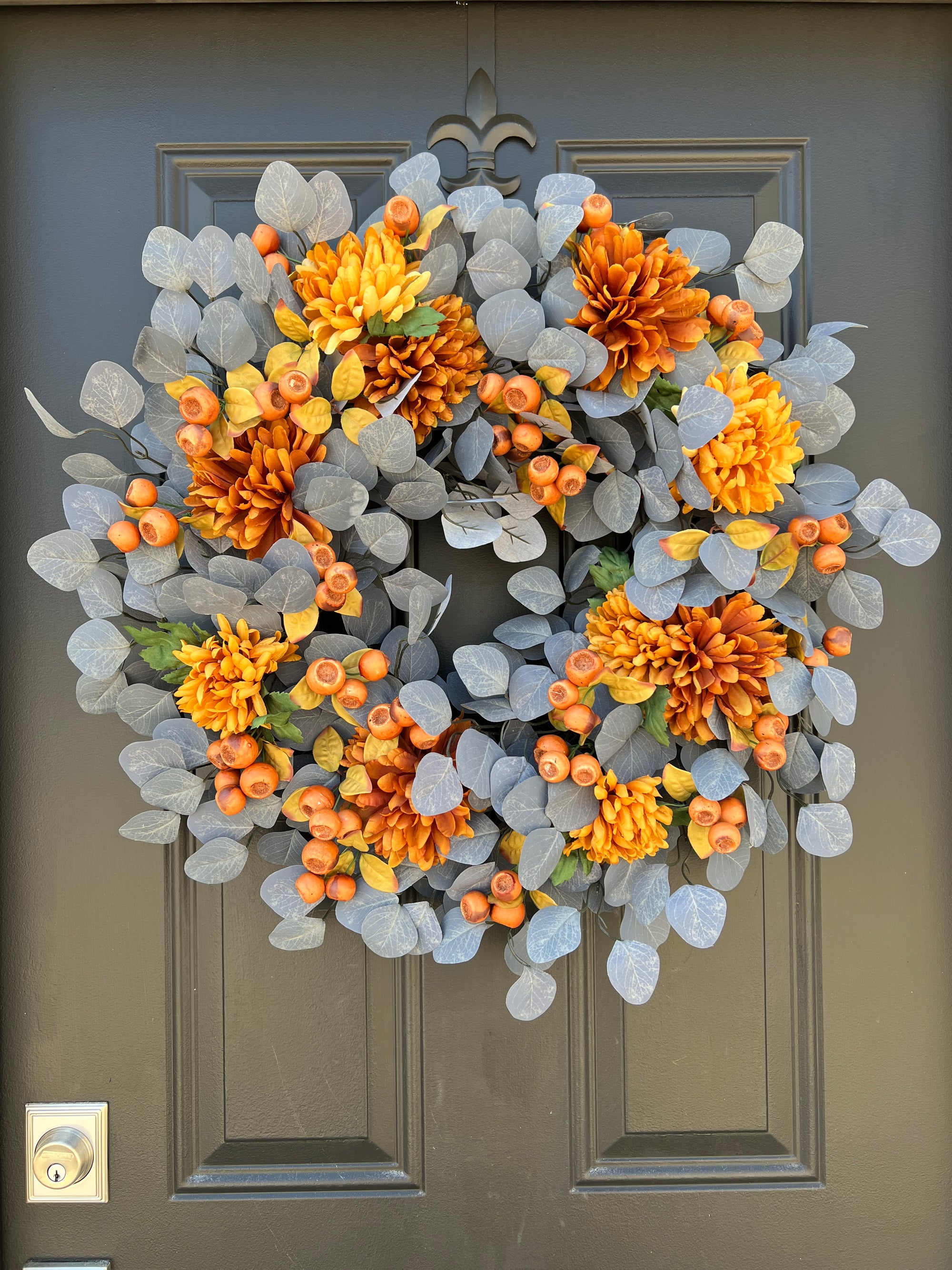 Blue Eucalyptus Autumn Wreath with Brown Mums and Pods