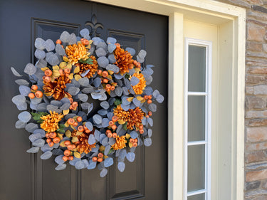 Blue Eucalyptus Autumn Wreath with Brown Mums and Pods - TwoInspireYou