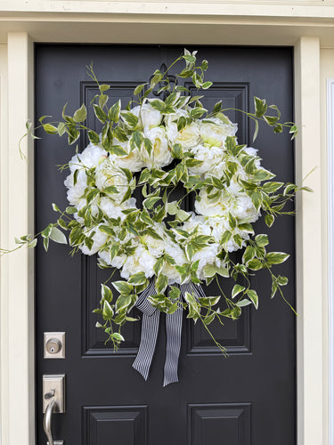 Wedding Wreath Decor - White Peony and Cascading Greenery Wreath - TwoInspireYou