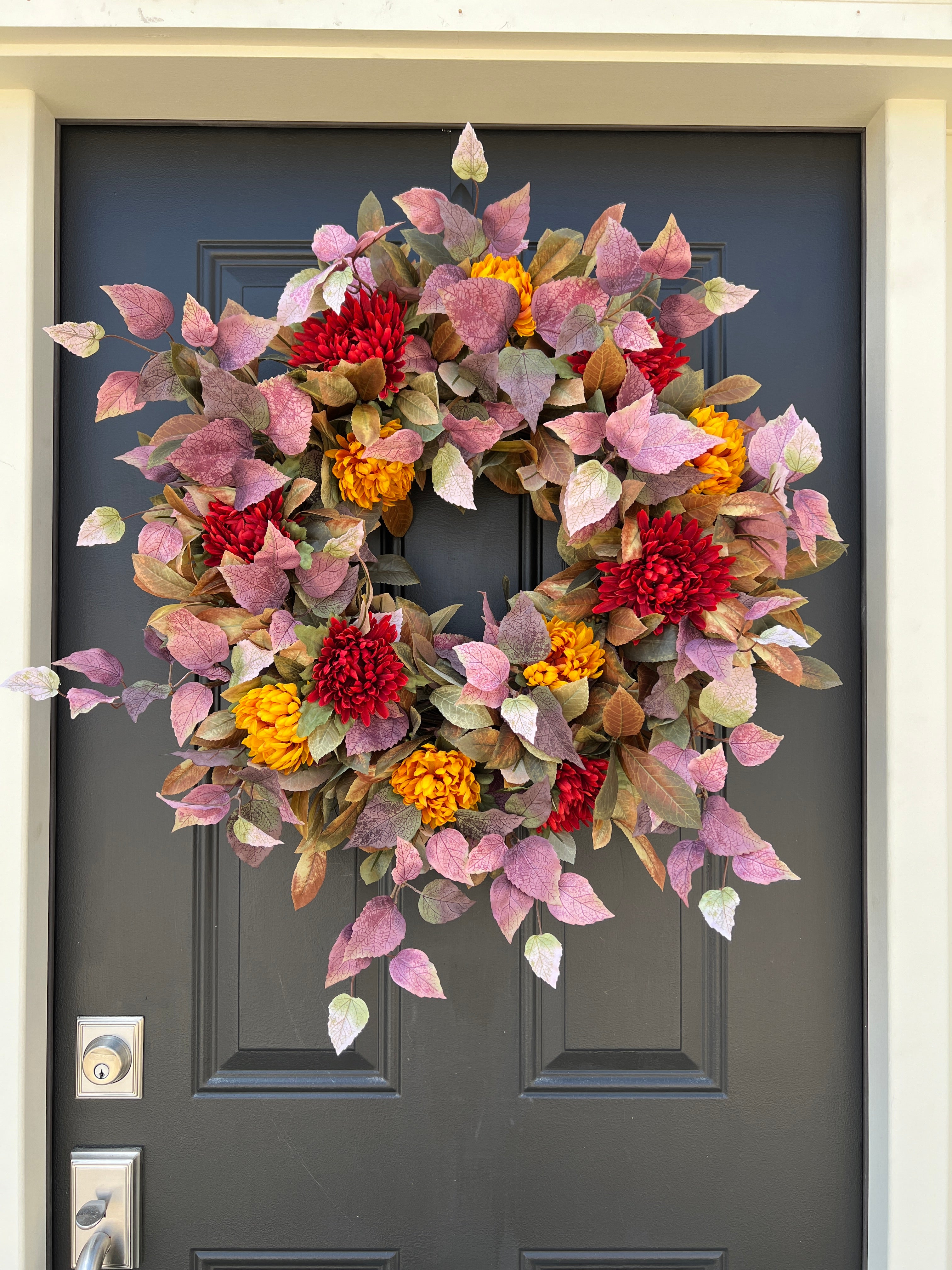 Autumn Foliage Wreath with Mums for Front Door