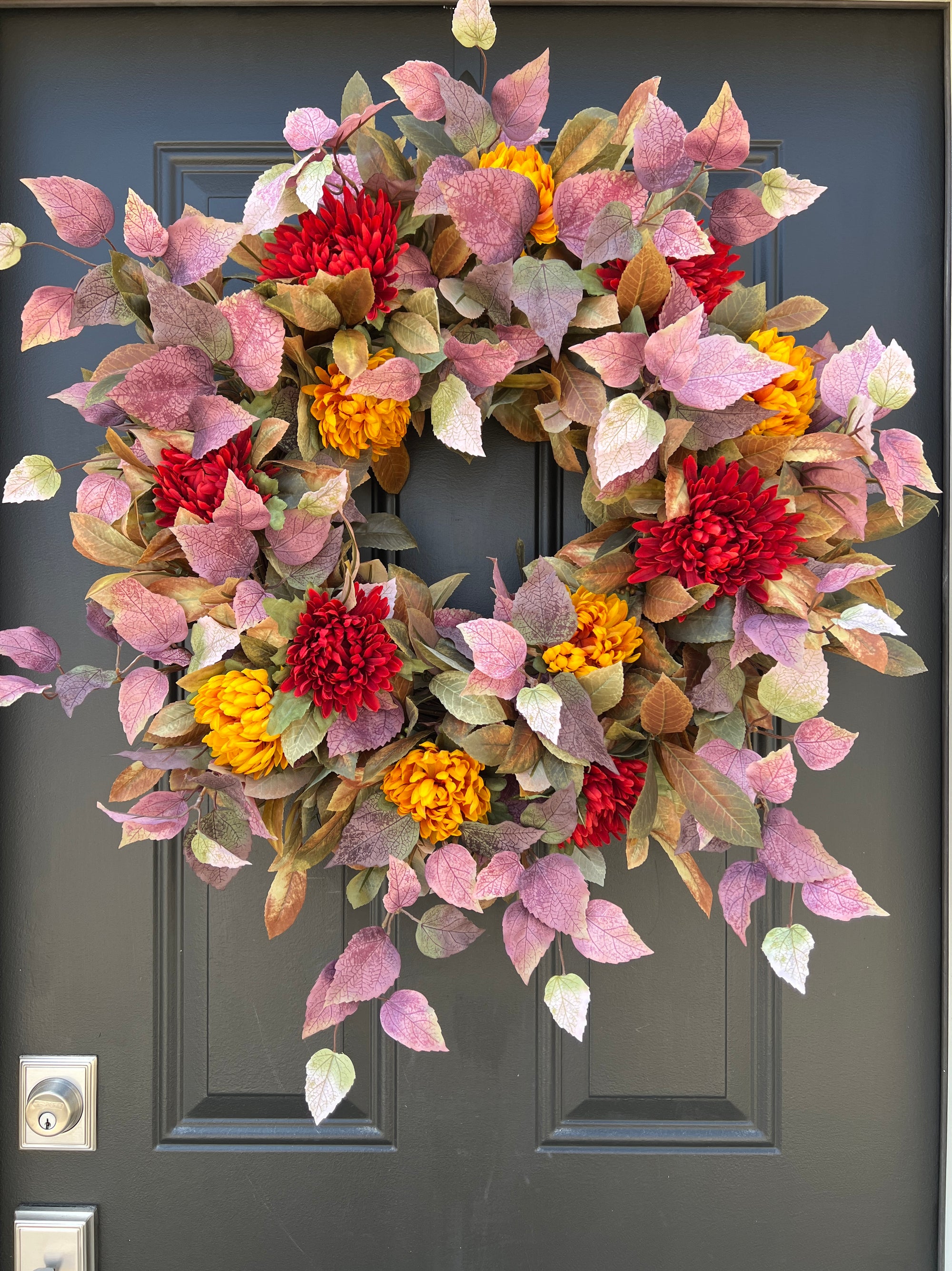 Autumn Foliage Wreath with Mums for Front Door