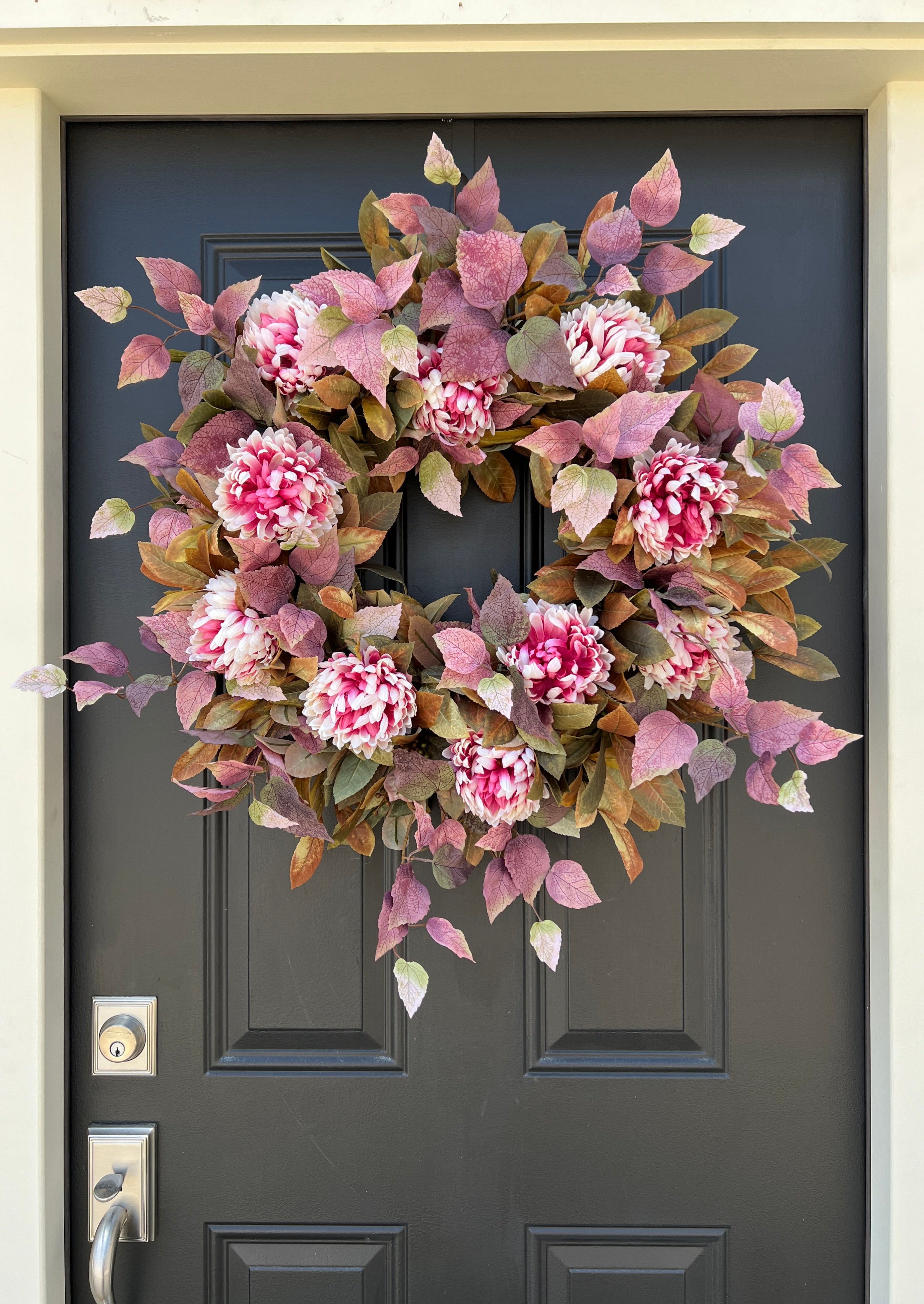 Autumn Front Door Wreath with Shoe Black Plant and Pink Mums