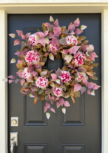 Autumn Front Door Wreath with Shoe Black Plant and Pink Mums - TwoInspireYou