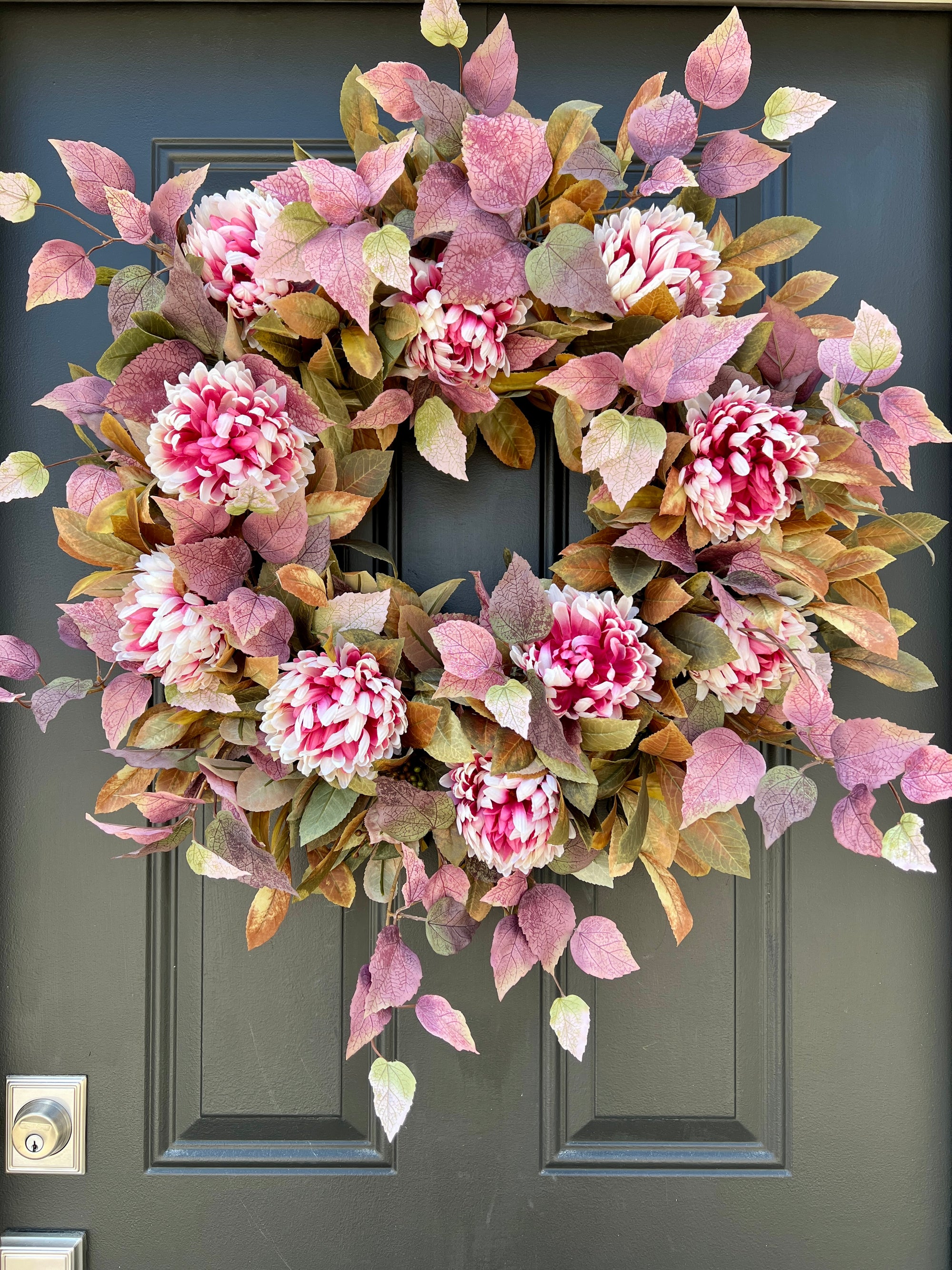 Autumn Front Door Wreath with Shoe Black Plant and Pink Mums