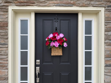 Pink and Red Peony Door Basket with Greenery – Spring Front Door Decor - TwoInspireYou