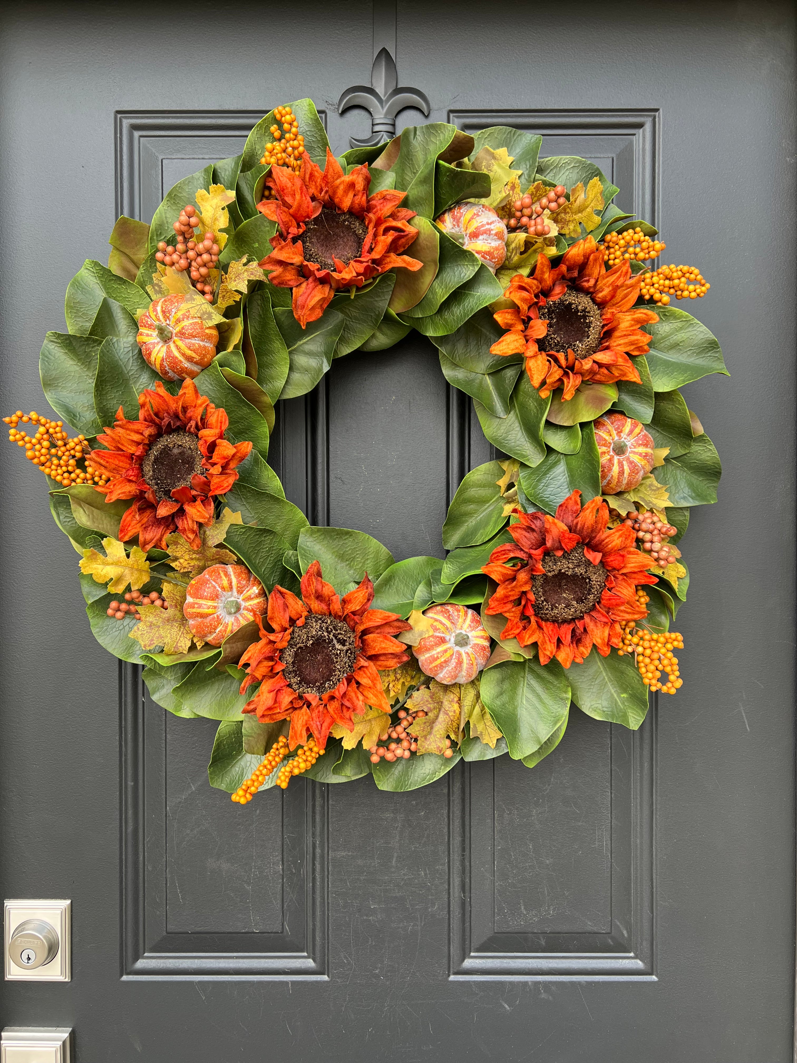 Fall Magnolia Wreath with Sunflowers and Pumpkins