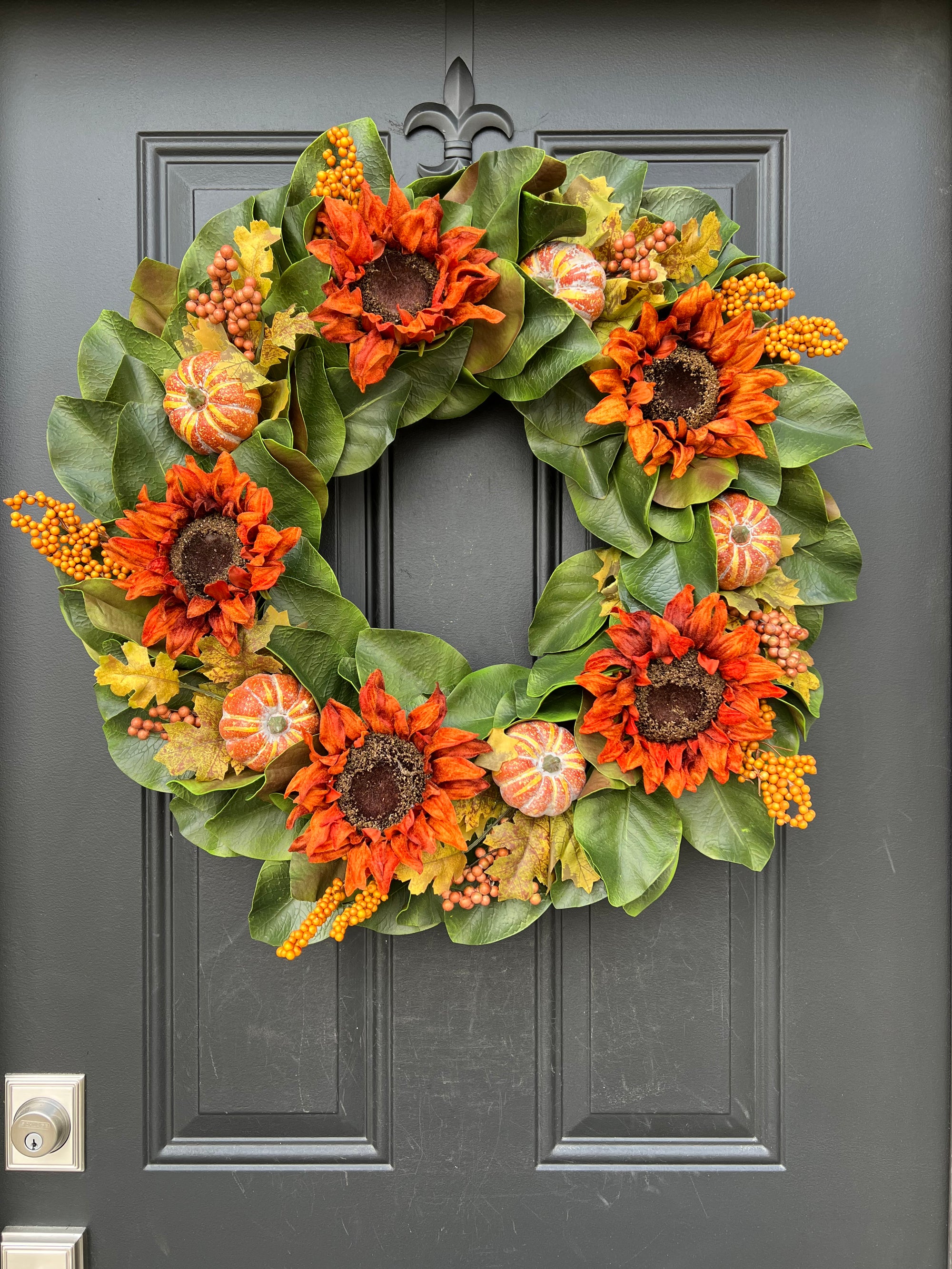 Fall Magnolia Wreath with Sunflowers and Pumpkins 24 Inches, Ready to Ship