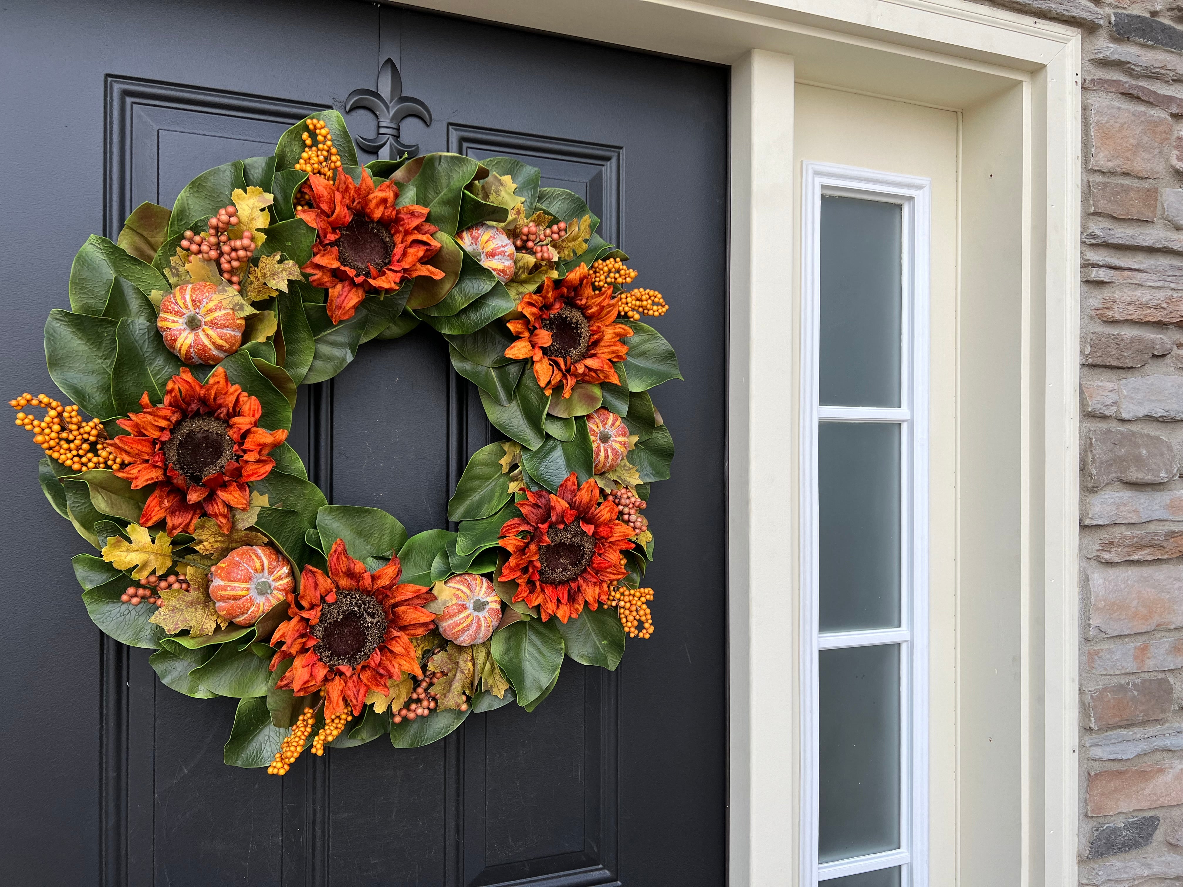 Fall Magnolia Wreath with Sunflowers and Pumpkins