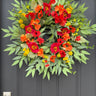 Bright Summer Floral Wreath for Front Door – Red Poppy, Yellow Craspedia & Orange Marigold - TwoInspireYou