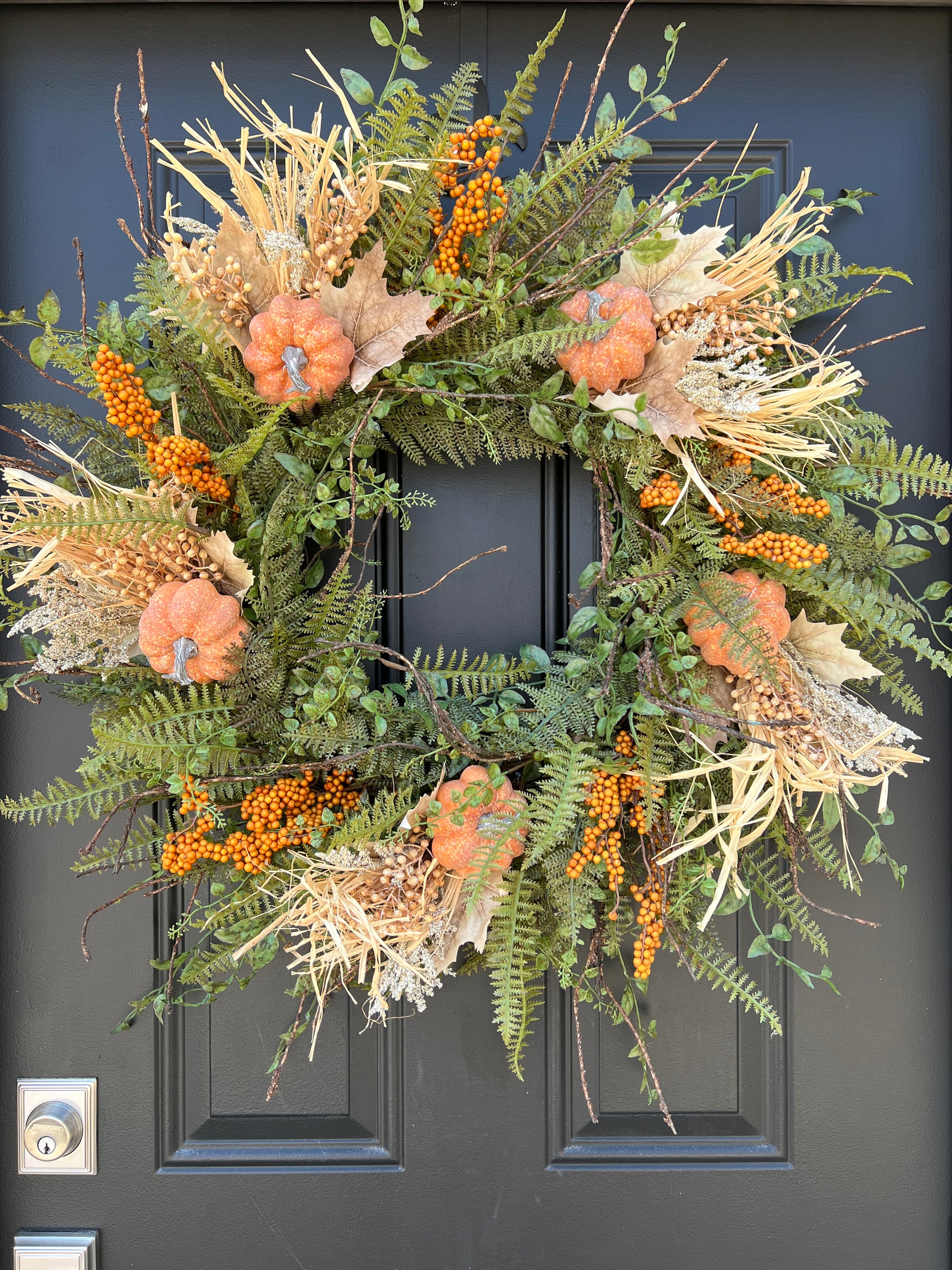 Fall Fern Wreath with Maple Leaves and Pumpkins