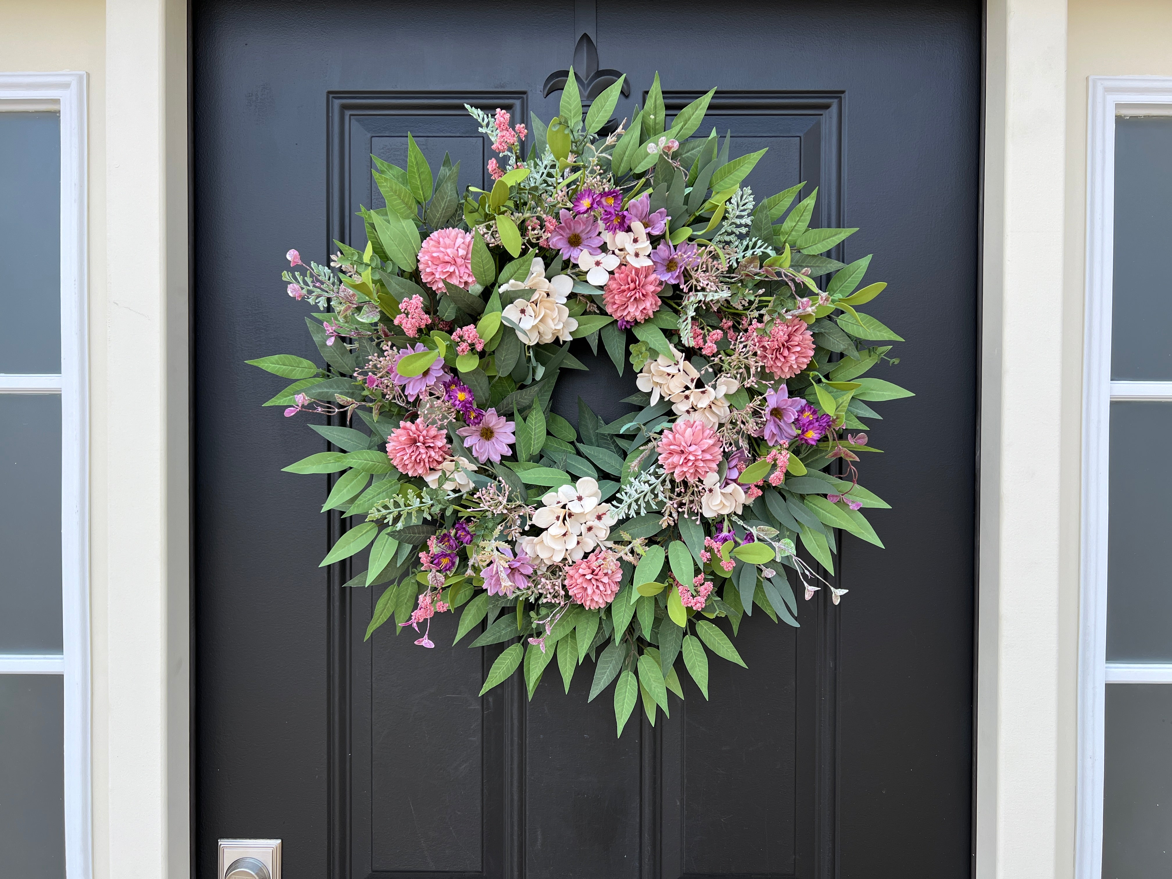 Spring Wildflower Wreath for Door, Summer Front Door Hanger with Pink and Purple Flowers