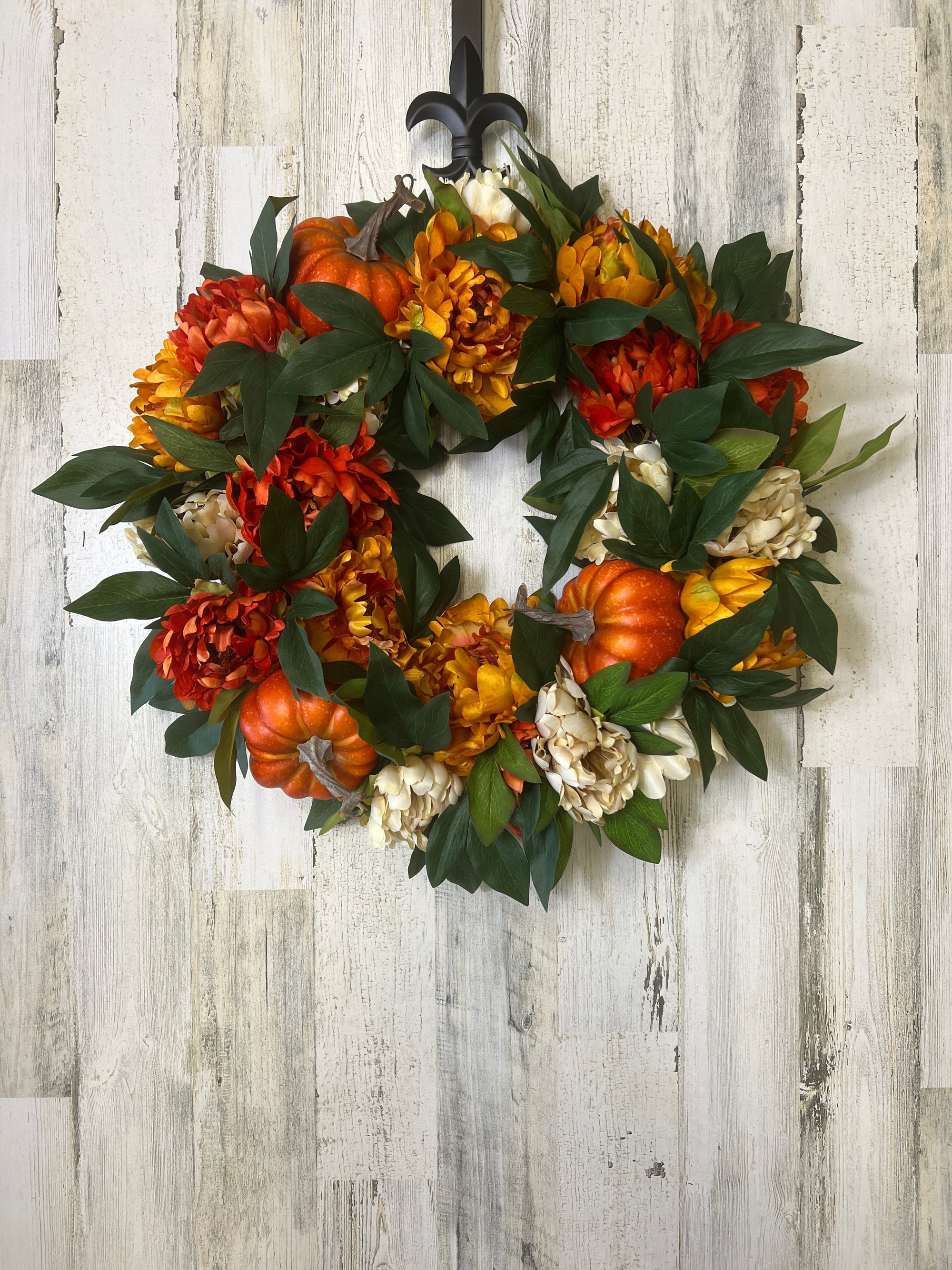 Vibrant Fall Peony Wreath with Orange Pumpkins, 20" Finished Wreath