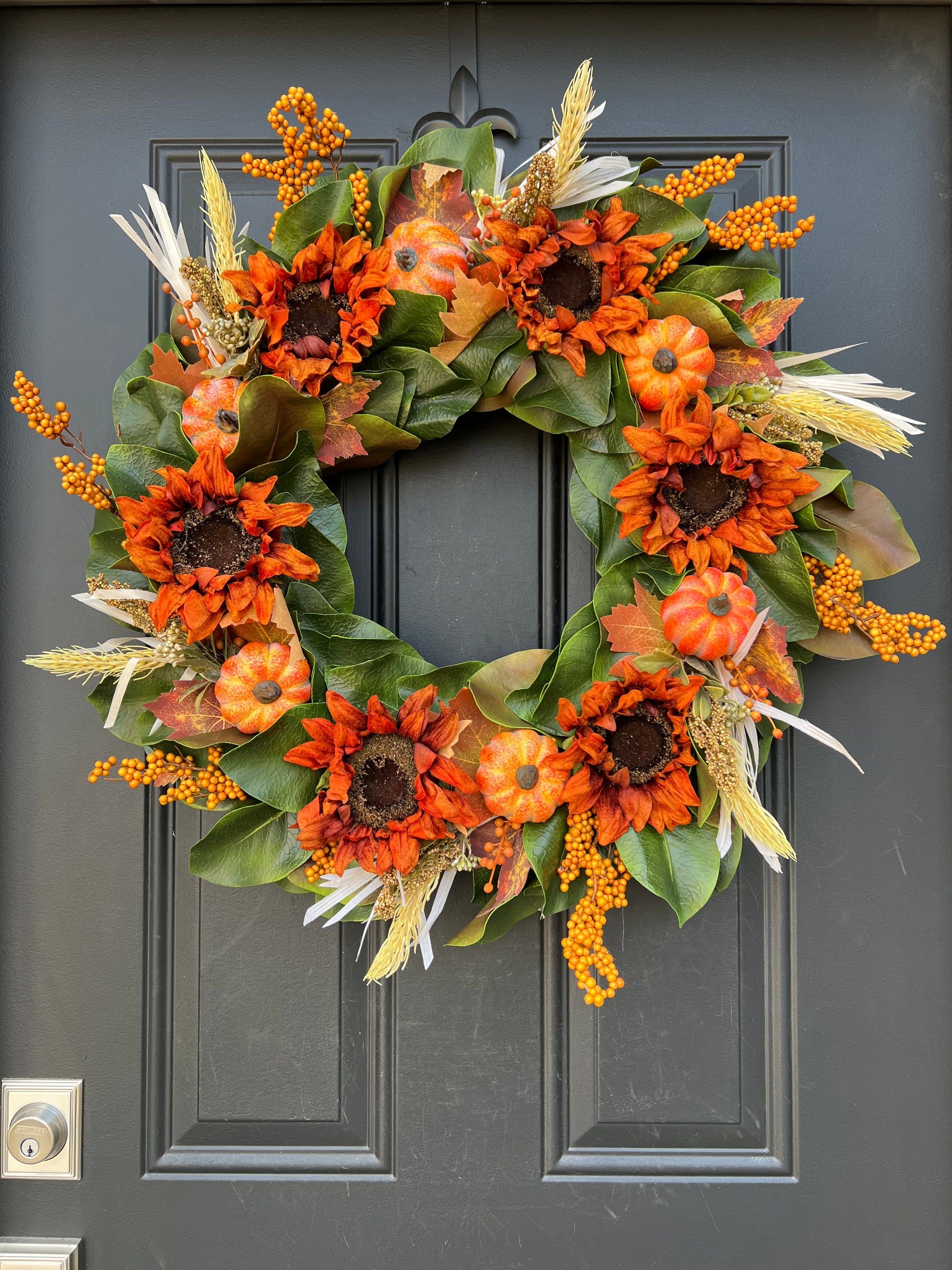 24 Inch Fall Magnolia Wreath with Sunflowers and Pumpkins, Ready to Ship