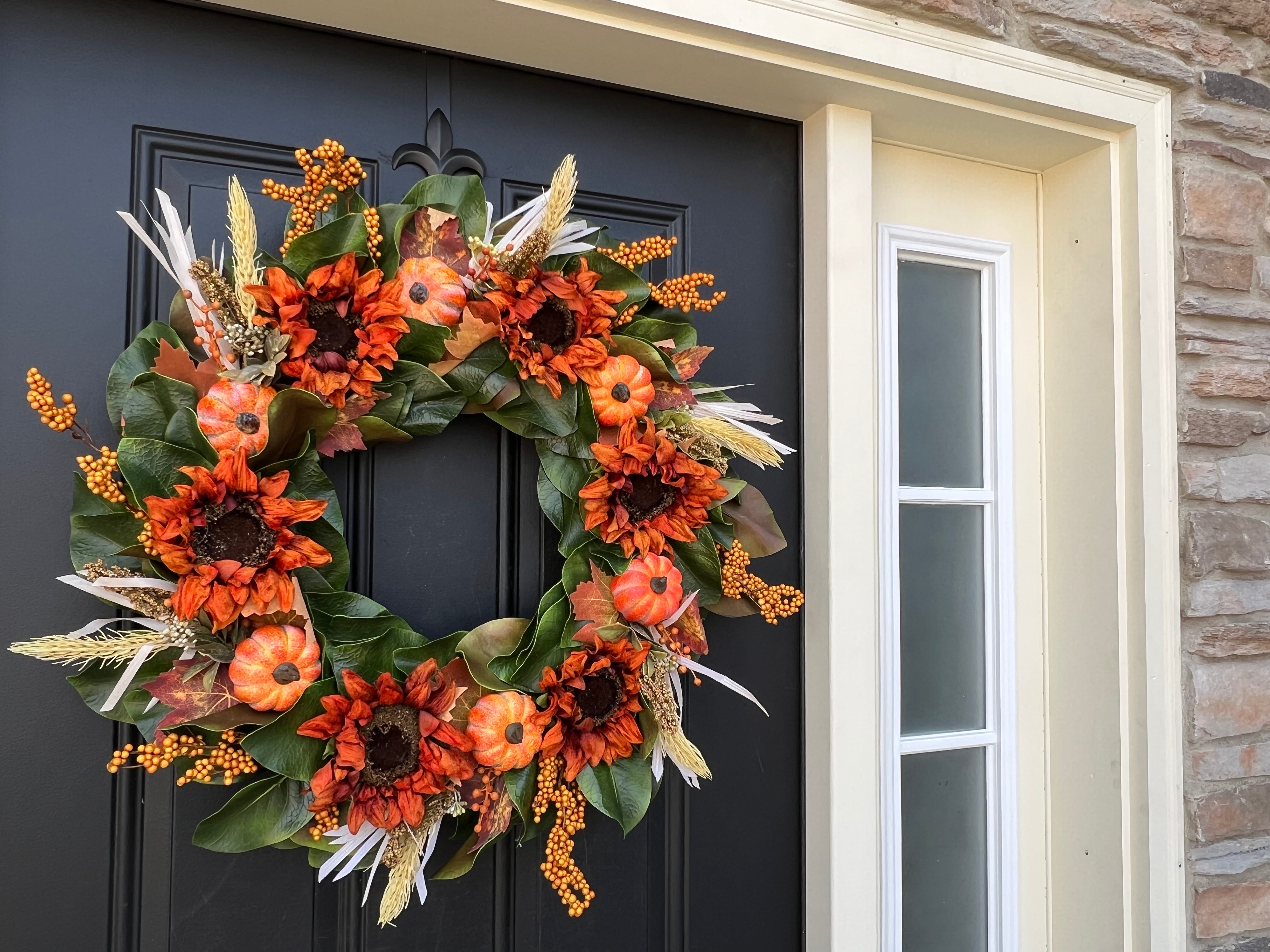 Fall Magnolia Wreath with Sunflowers and Pumpkins