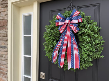 Patriotic Boxwood Wreath with Red White Blue Bow