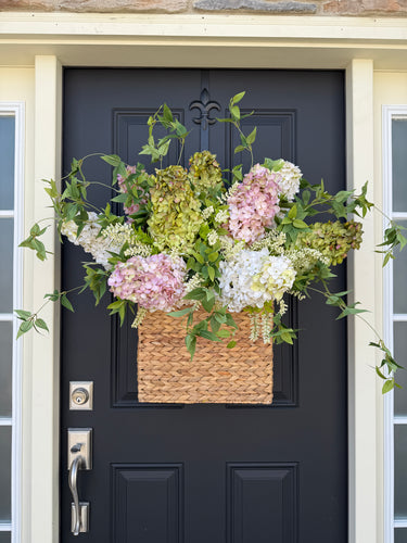 Pink and White Hydrangea Basket Wreath - Large Spring Floral Arrangement