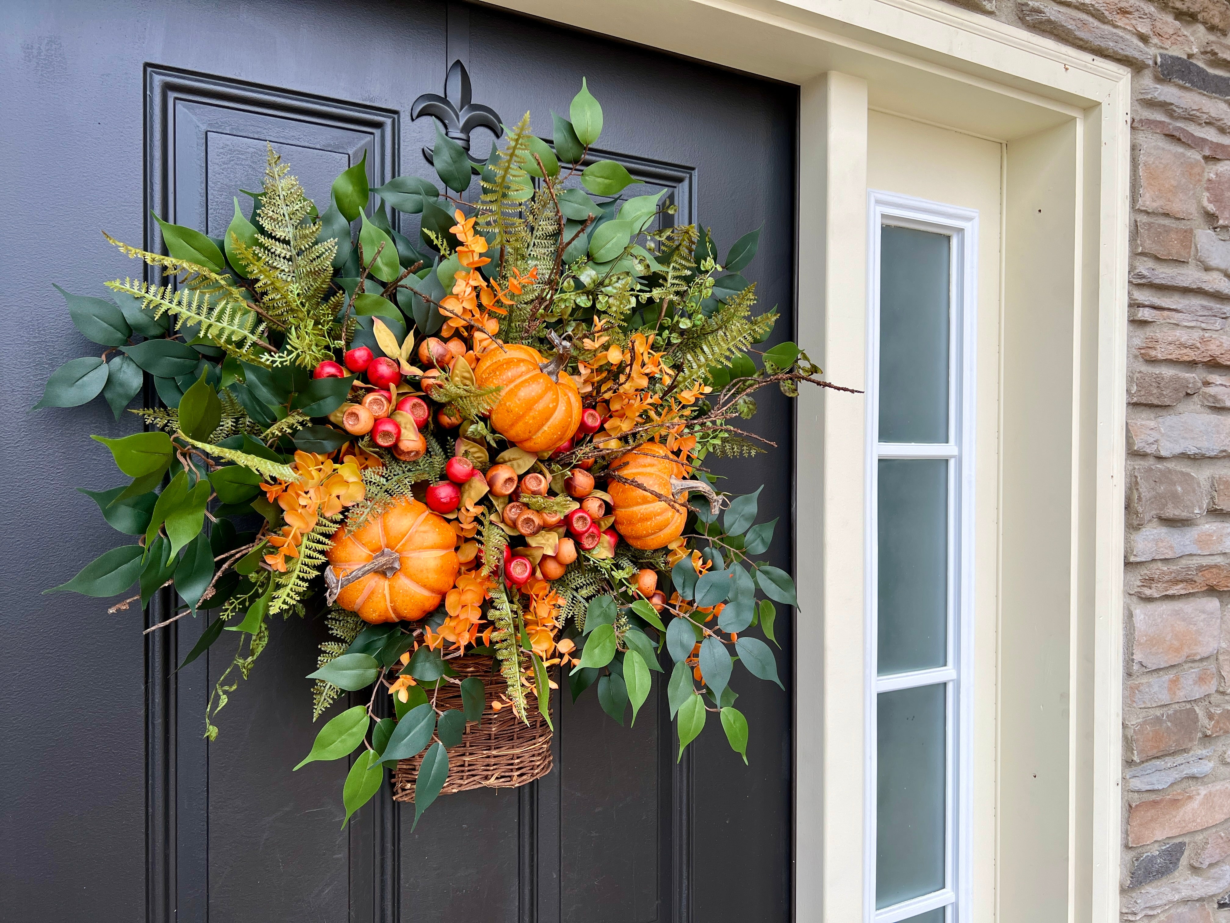 Fall Gatherings with Pumpkins Basket for Front Door