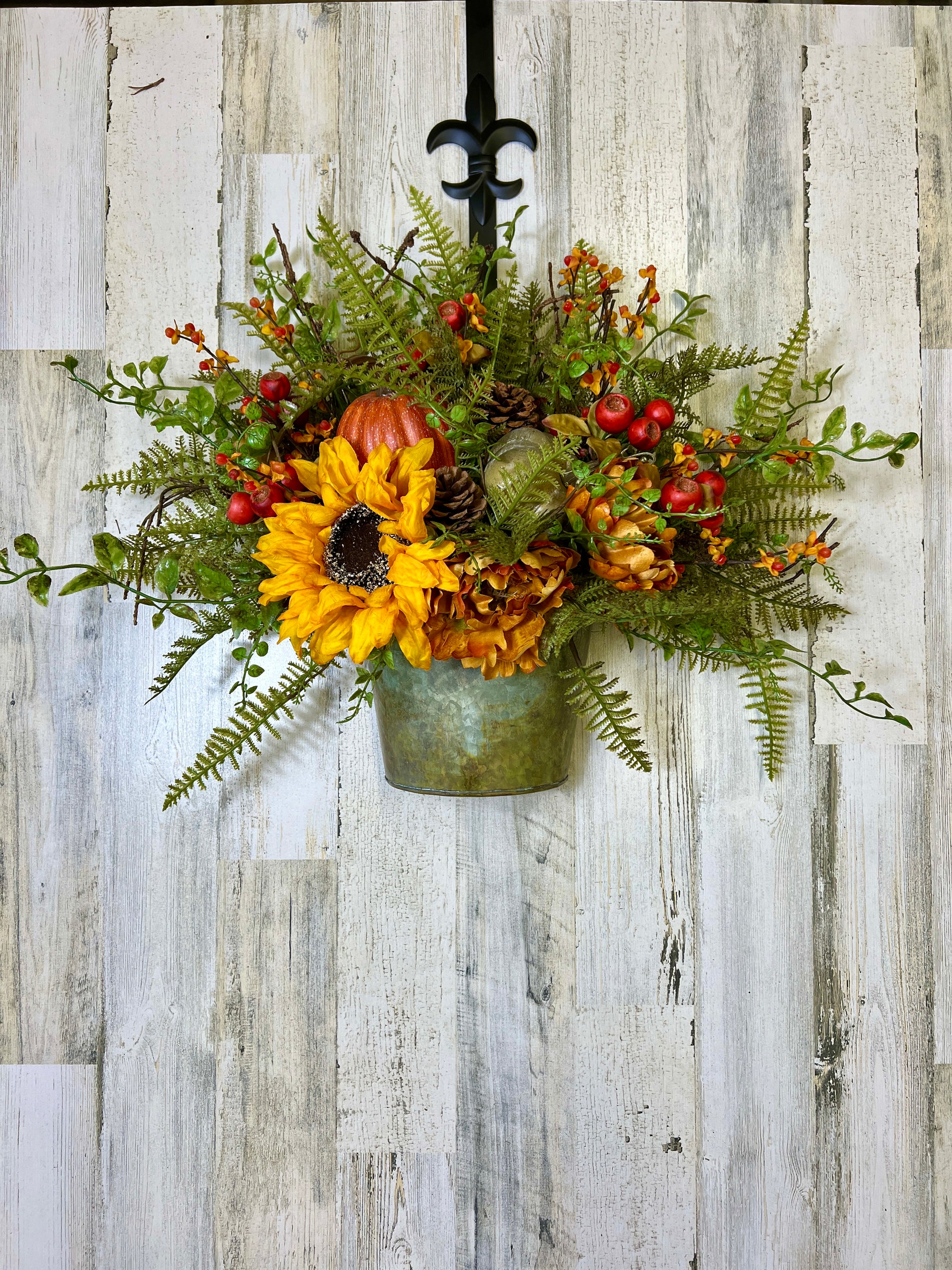 Fall Door Bucket with Yellow Sunflowers and Pumpkins, 20" x 18" x 9" Finished Bucket