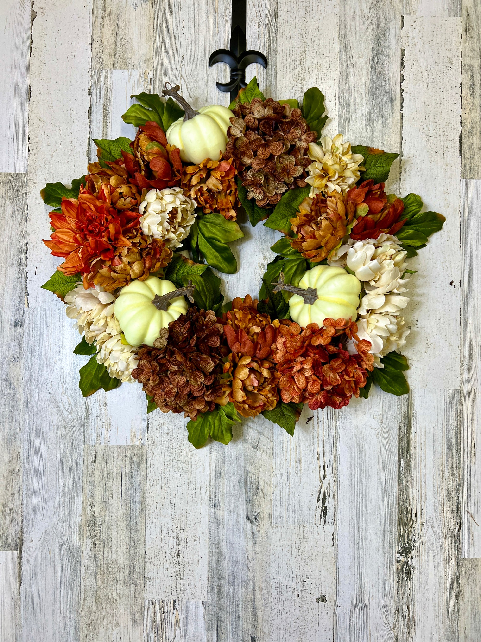 Autumn Wreath with Fall Flowers and Pumpkins, 22" Finished Wreath
