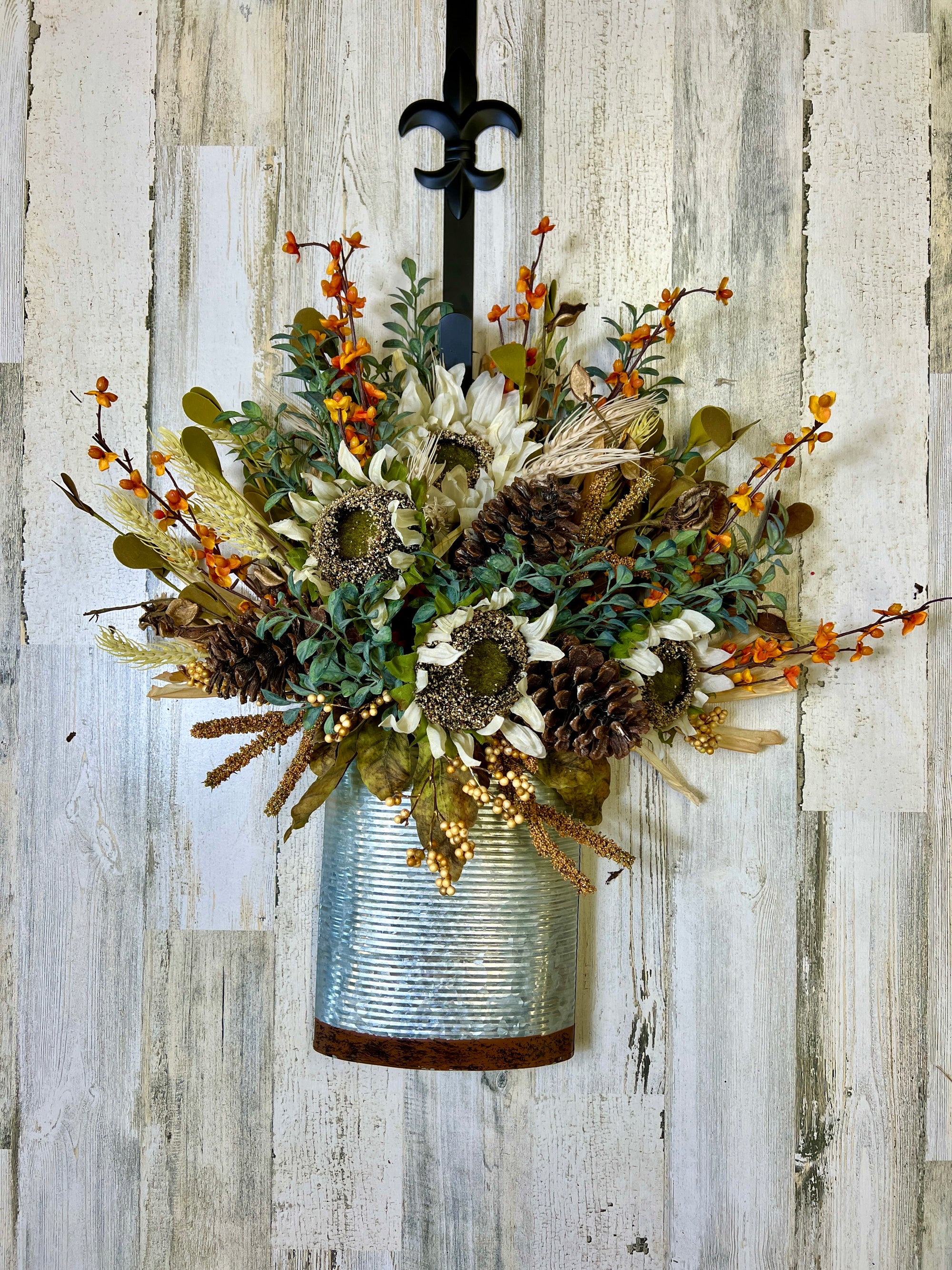 Fall White Sunflower Door Bucket Wreath, 20" x 18" x 7" Finished Bucket