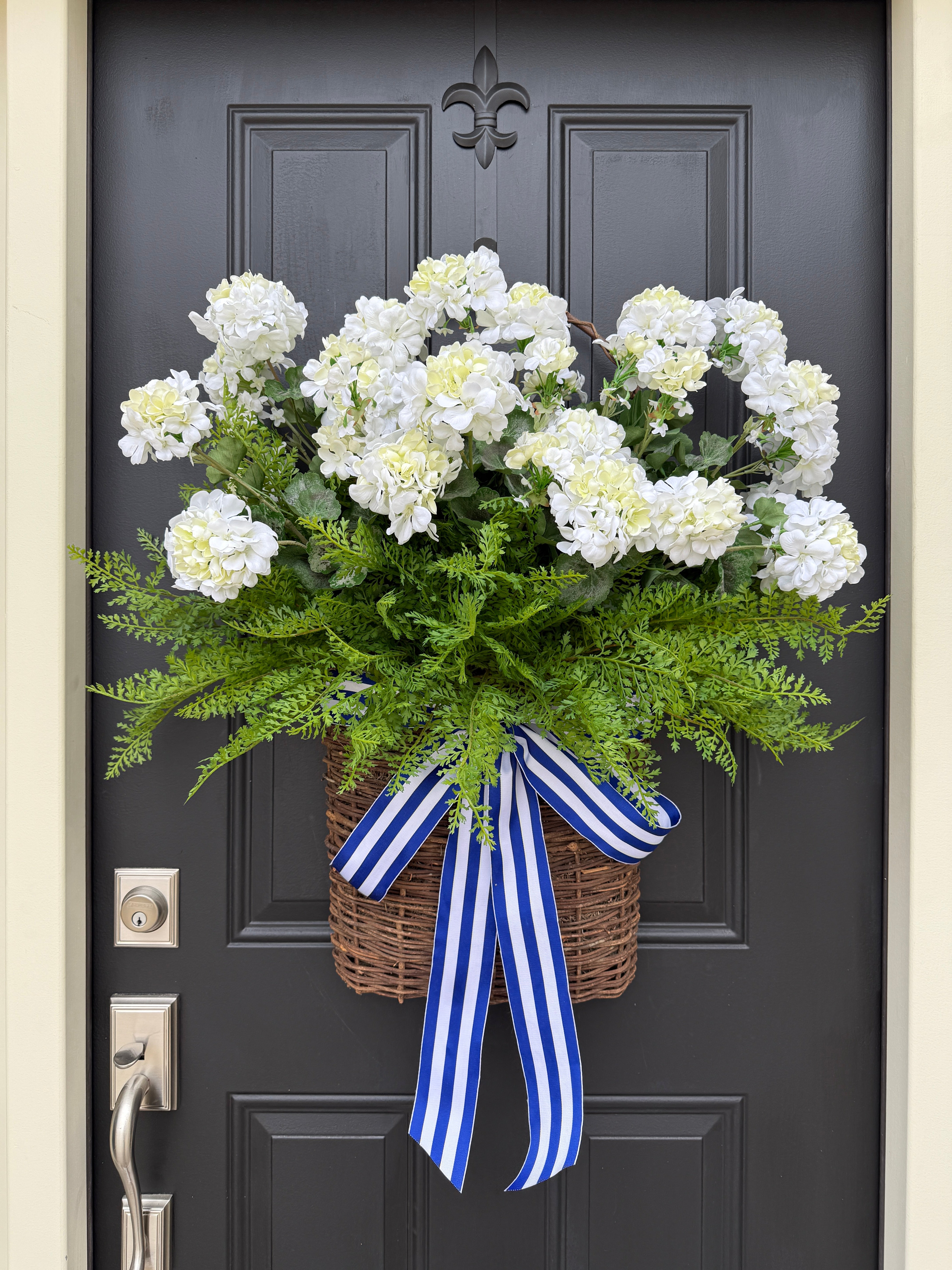 White Geranium Door Basket with Ferns – Summer Front Door Decor with Blue Stripe Bow