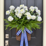 White Geranium Door Basket with Ferns – Summer Front Door Decor with Blue Stripe Bow - TwoInspireYou