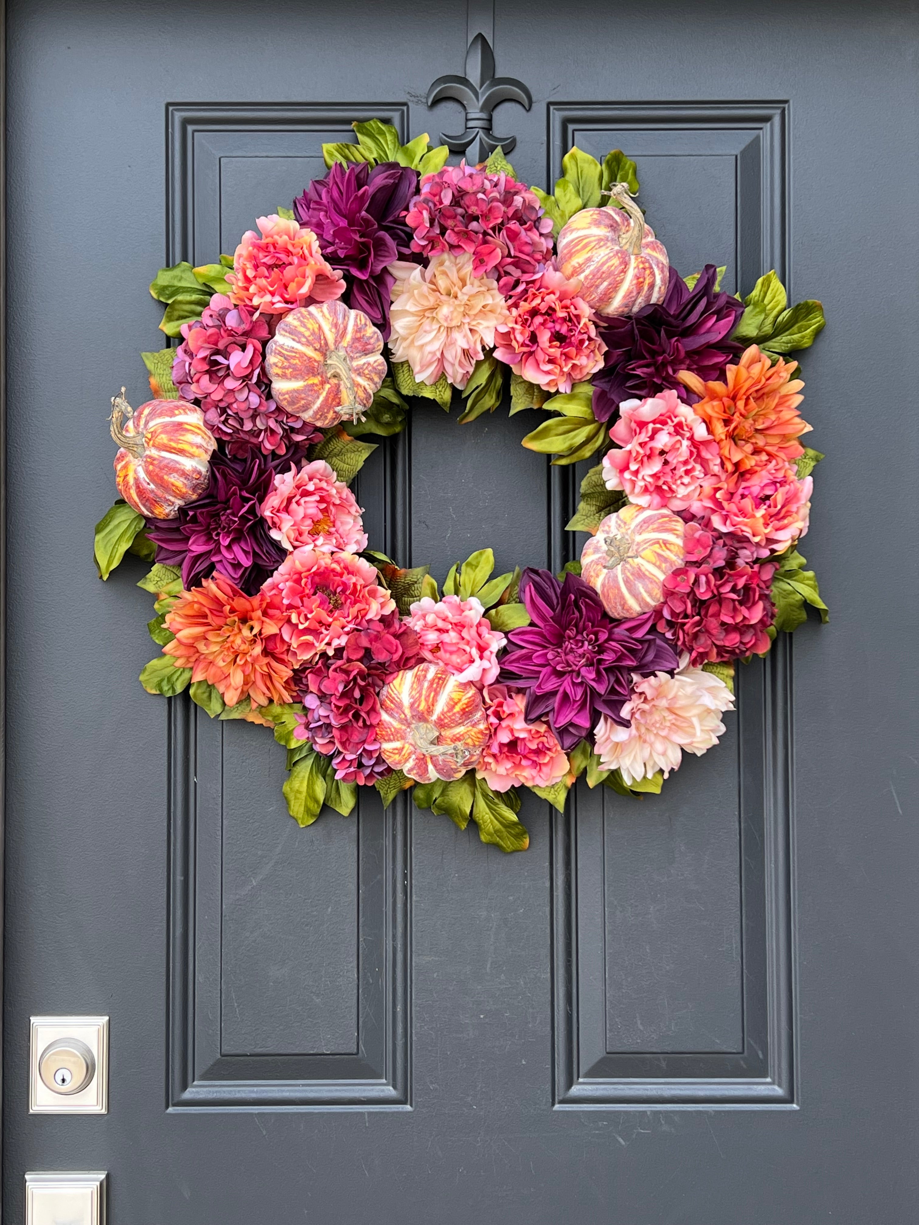 Pink and Purple Fall Wreath with Pumpkins