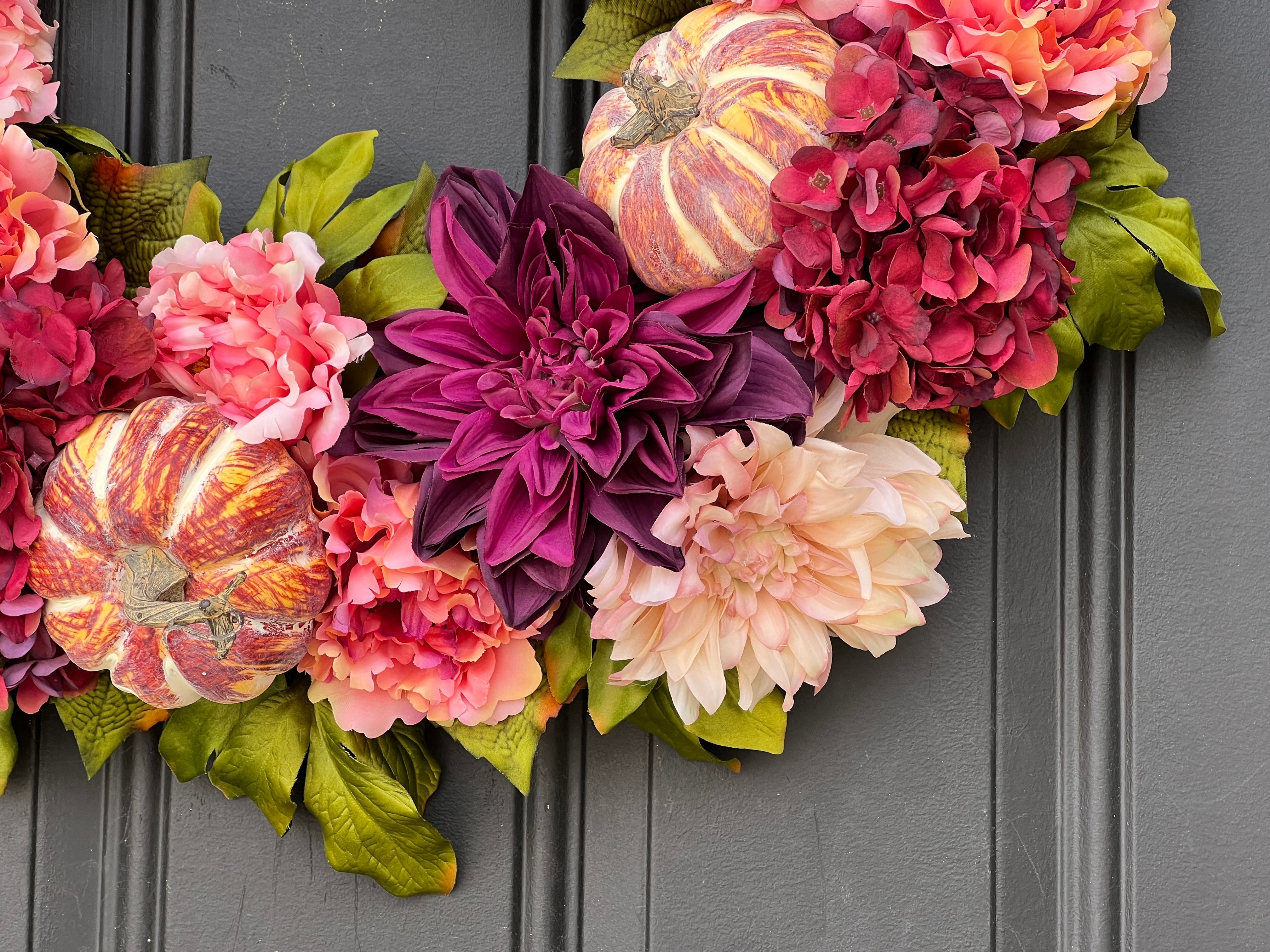 Pink and Purple Fall Wreath with Pumpkins