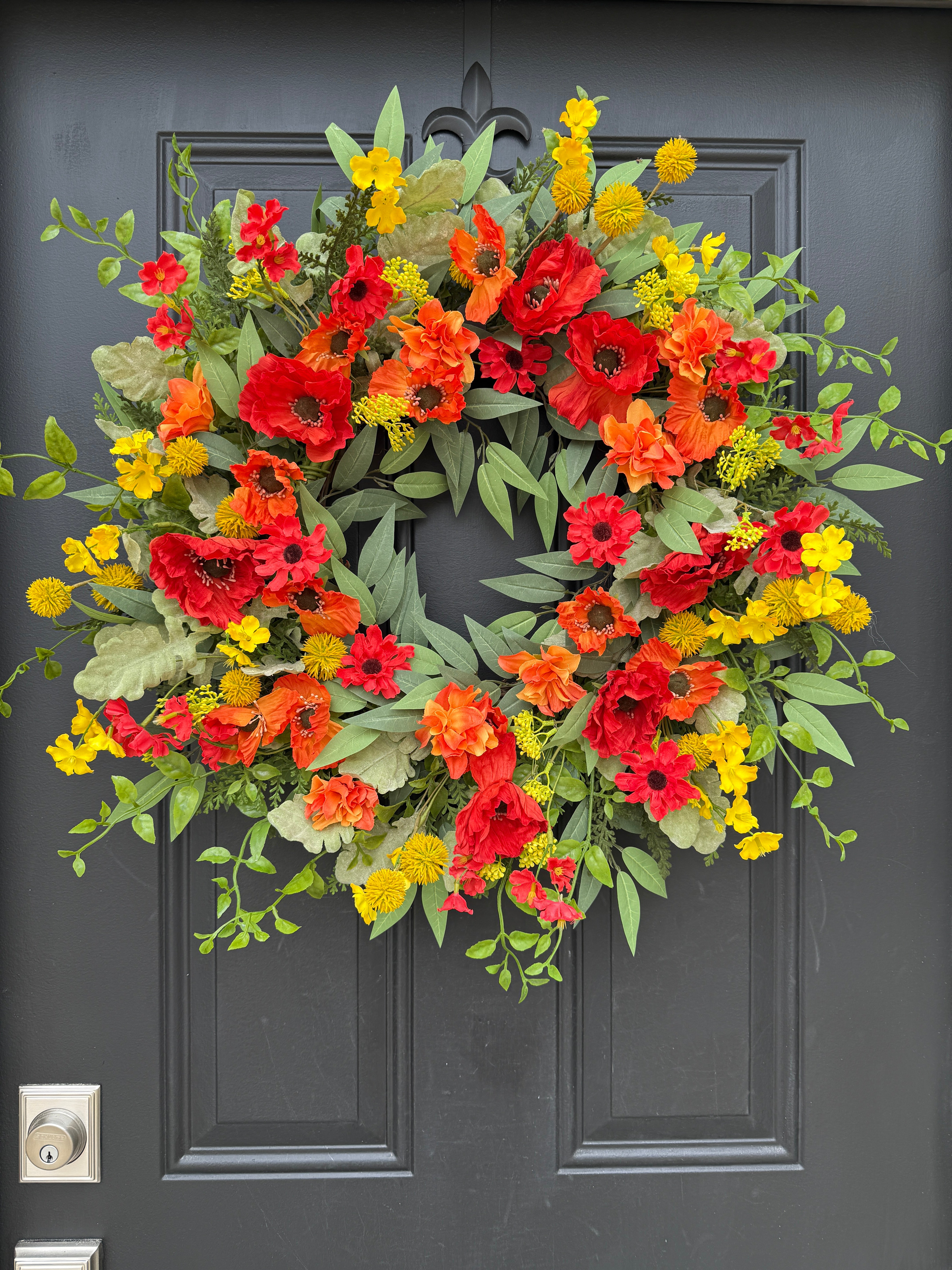 Bright Summer Floral Wreath for Front Door – Red Poppy, Yellow Craspedia & Orange Marigold