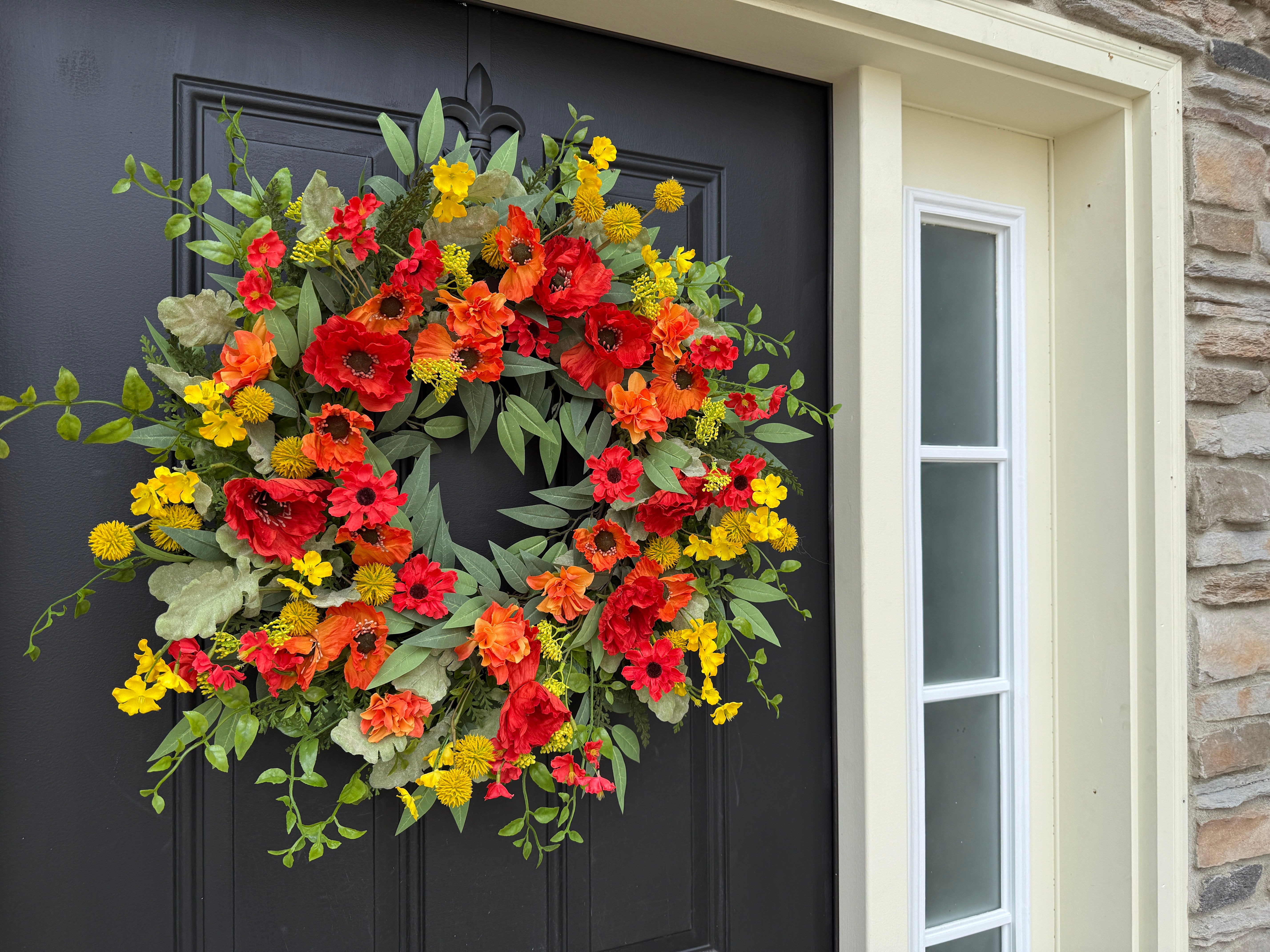 Bright Summer Floral Wreath for Front Door – Red Poppy, Yellow Craspedia & Orange Marigold