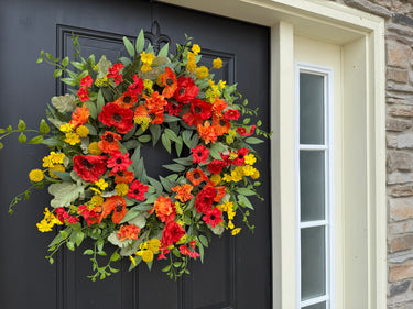 Bright Summer Floral Wreath for Front Door – Red Poppy, Yellow Craspedia & Orange Marigold - TwoInspireYou
