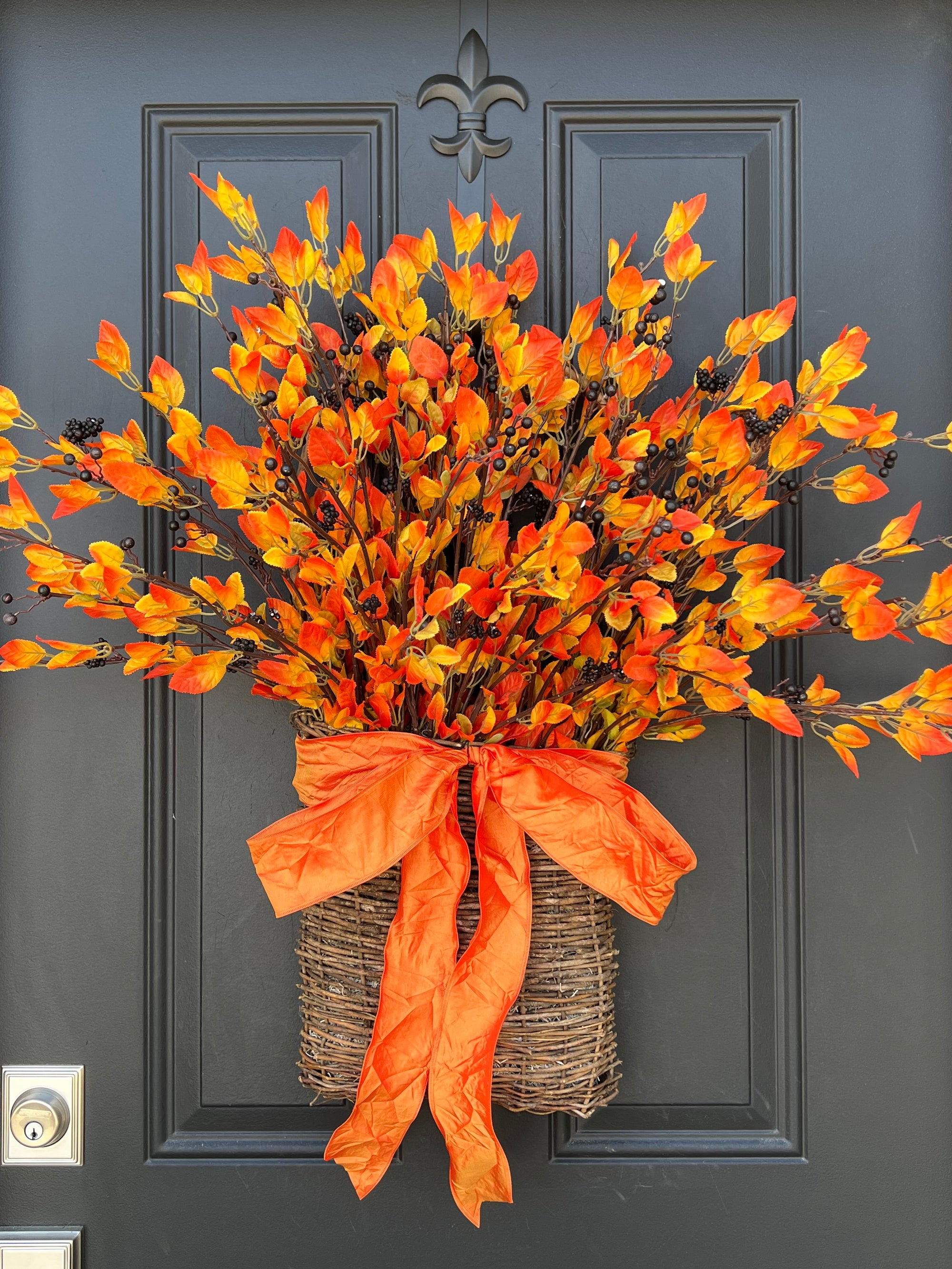 Simple and Modern Orange Fall Leaves Basket Wreath, Ready to Ship
