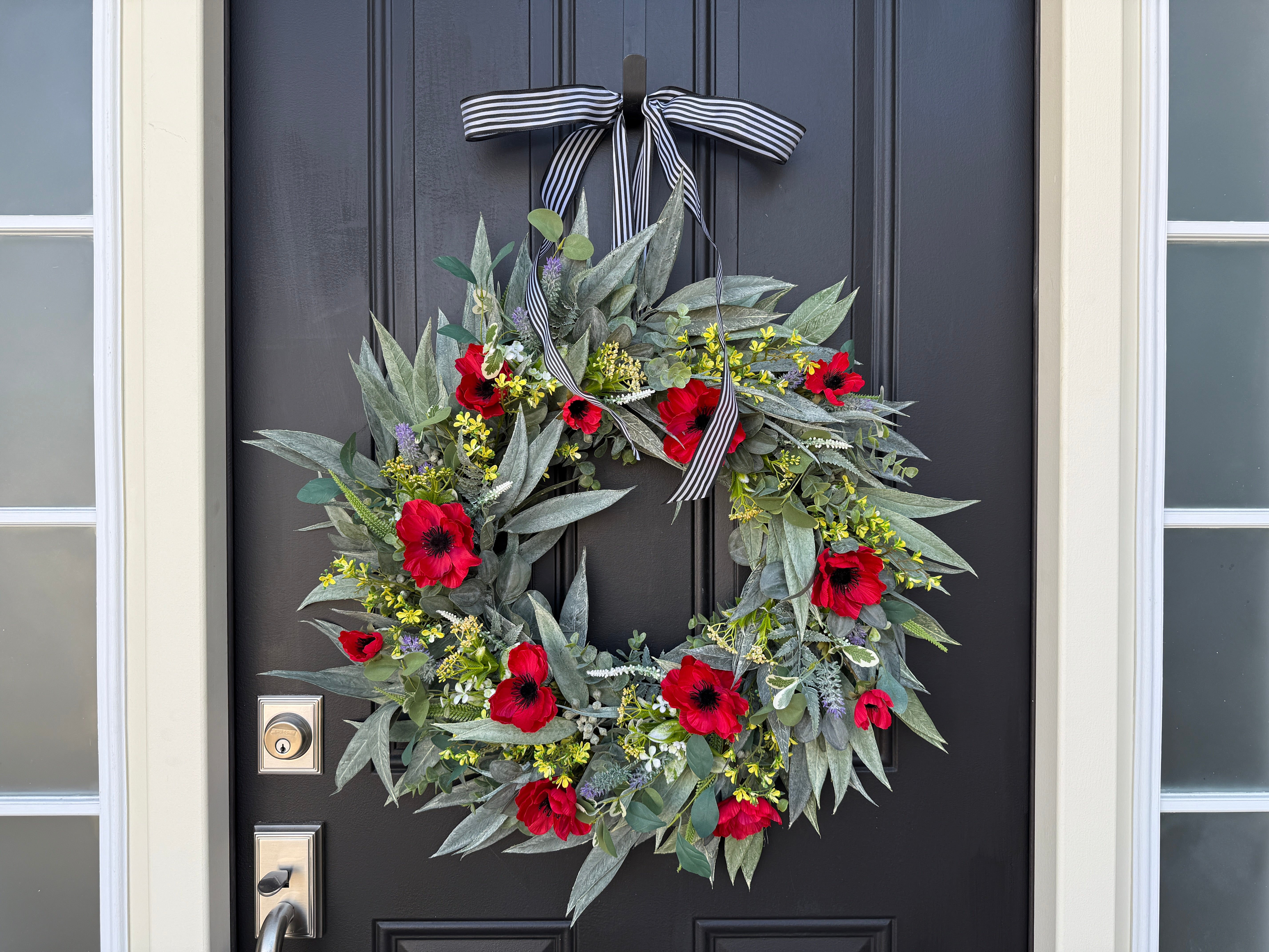 Farmhouse Red Poppy Wreath with Lamb's Ear & Black Stripe Bow – Rustic Patriotic Door Decor